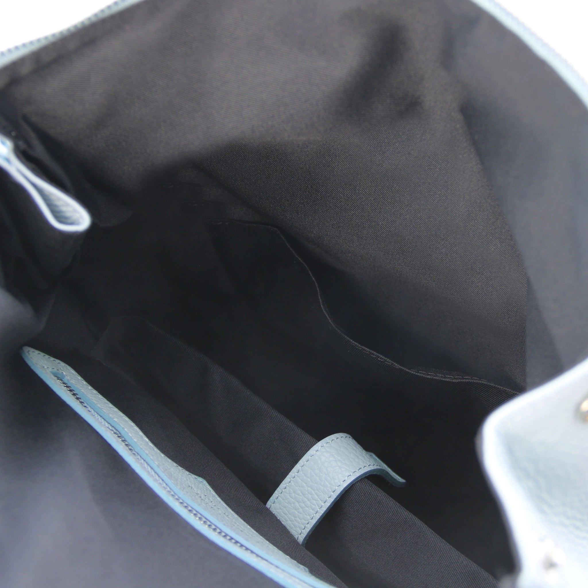 Interior open pocket view Denver Soft Italian Leather Backpack in Light Blue 