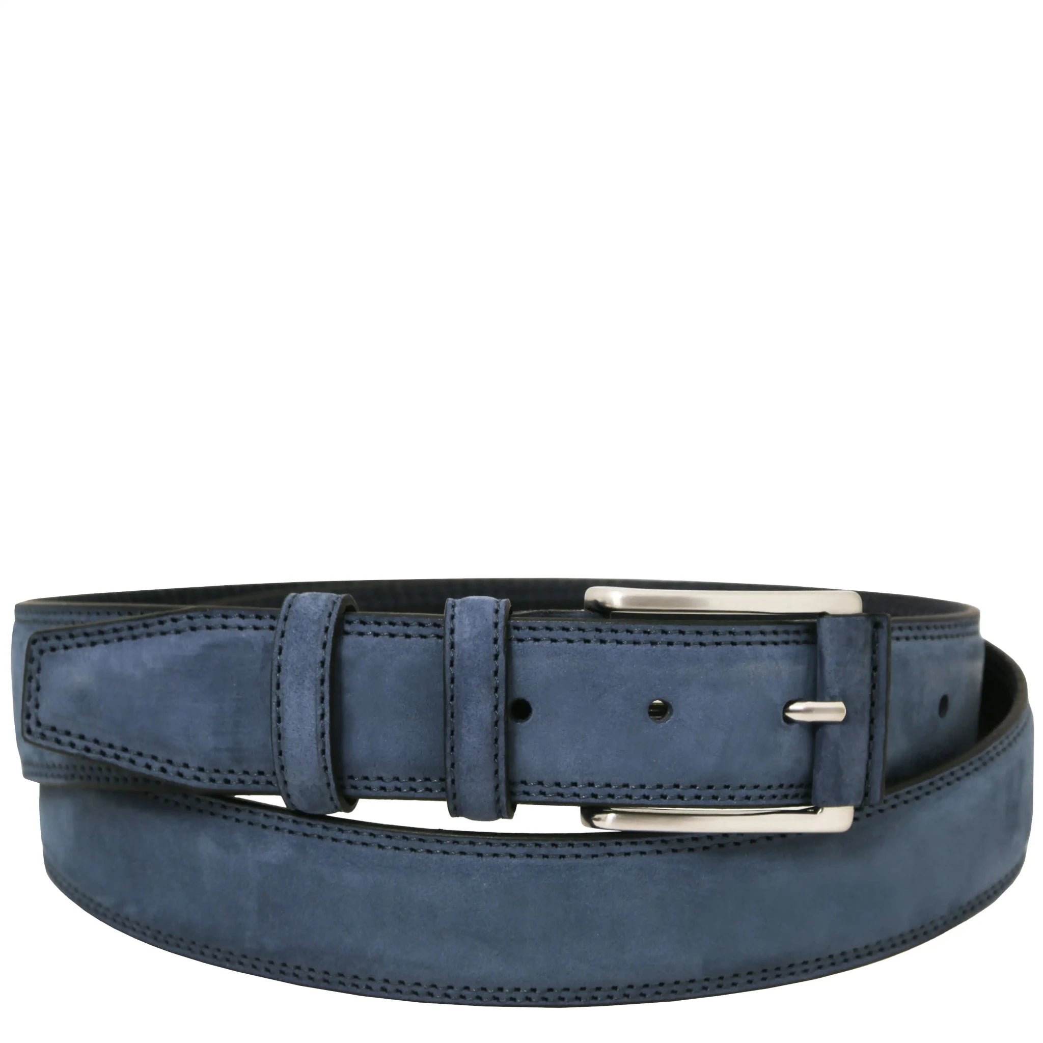 Dark Blue leather belt with a silver buckle on a white background