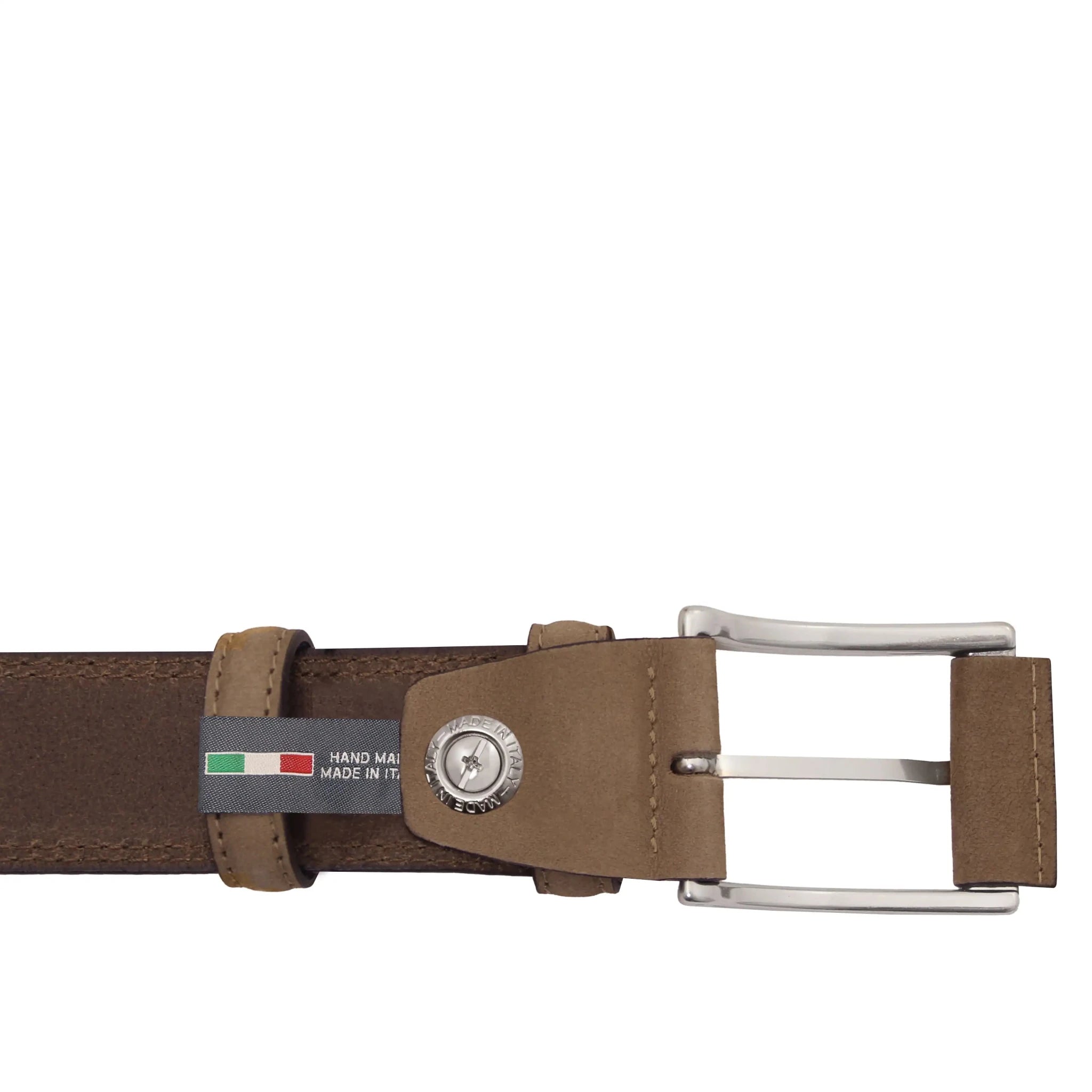 Back view Elegant Nubuck Leather Belt 35mm in taupe buckle
