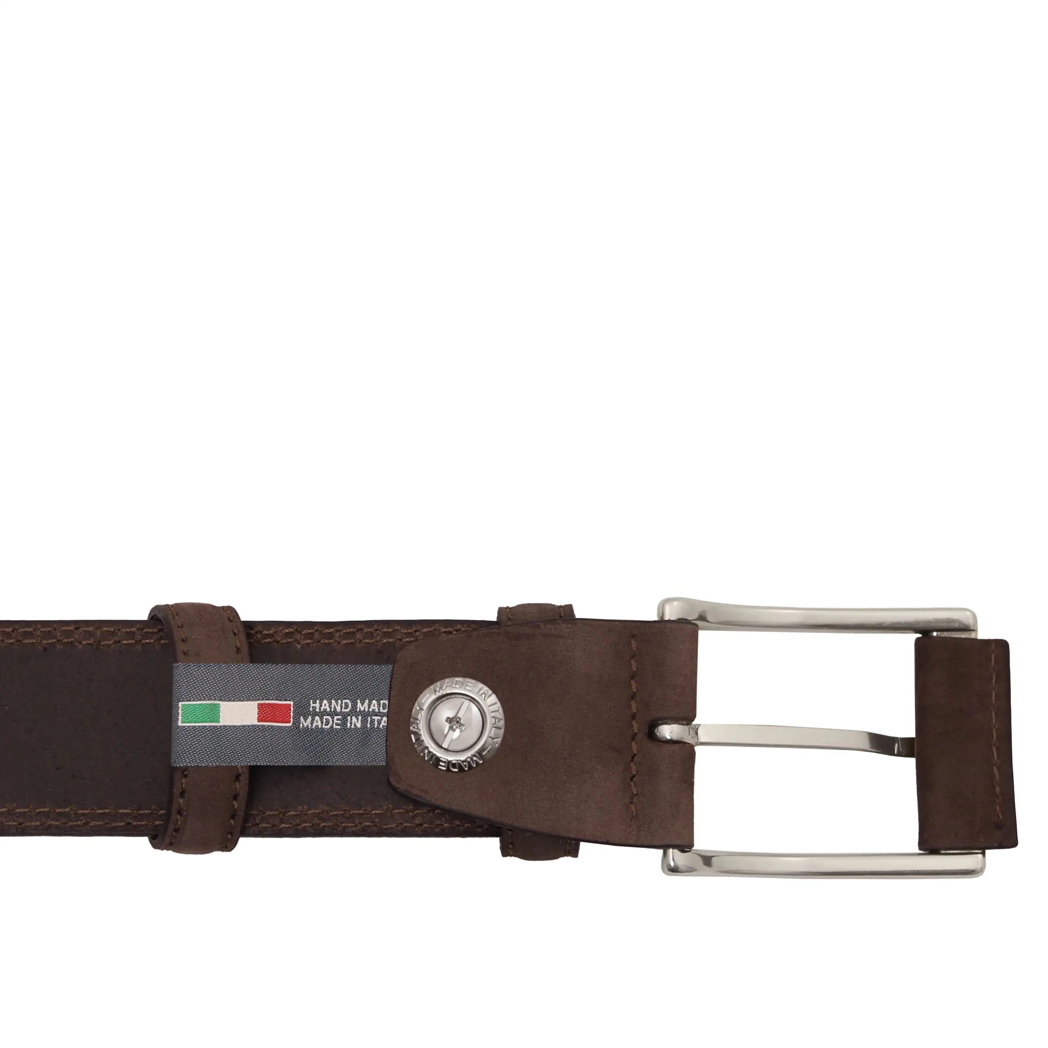 Elegant Nubuck Leather Belt in dark brown close up of buckle and made in Italy label