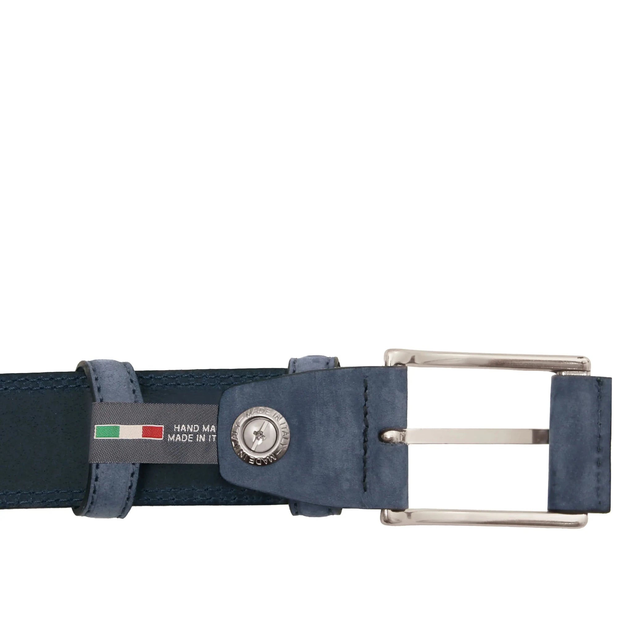 Back view Dark blue belt with silver buckle on a white background