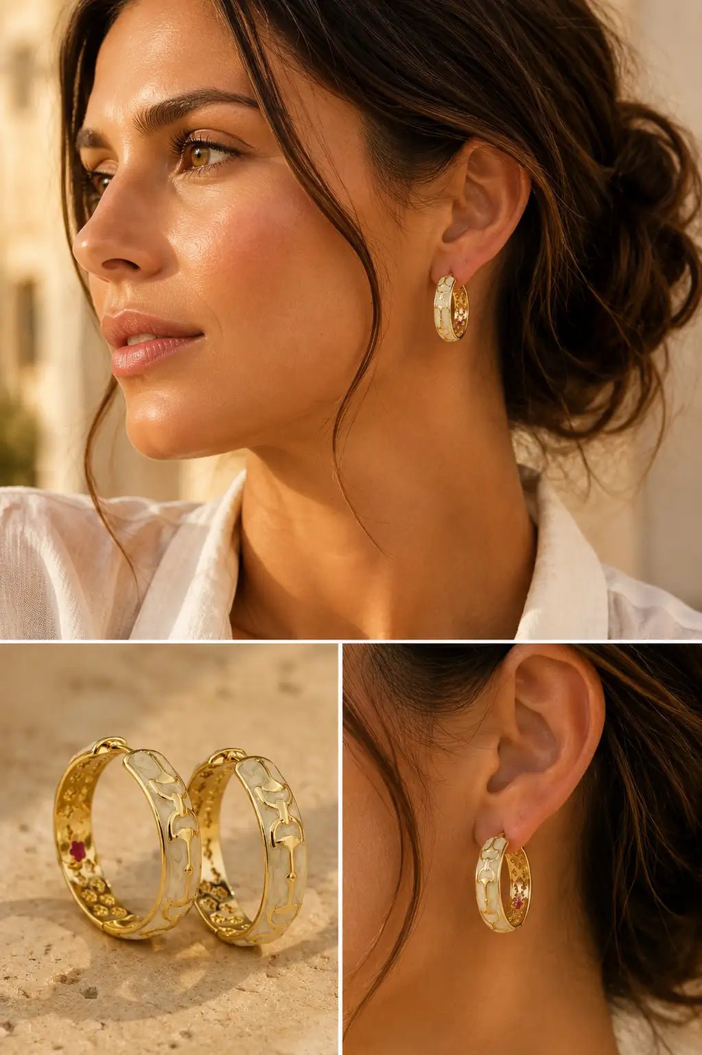 Woman wearing gold hoop earrings with close-up details on a neutral background