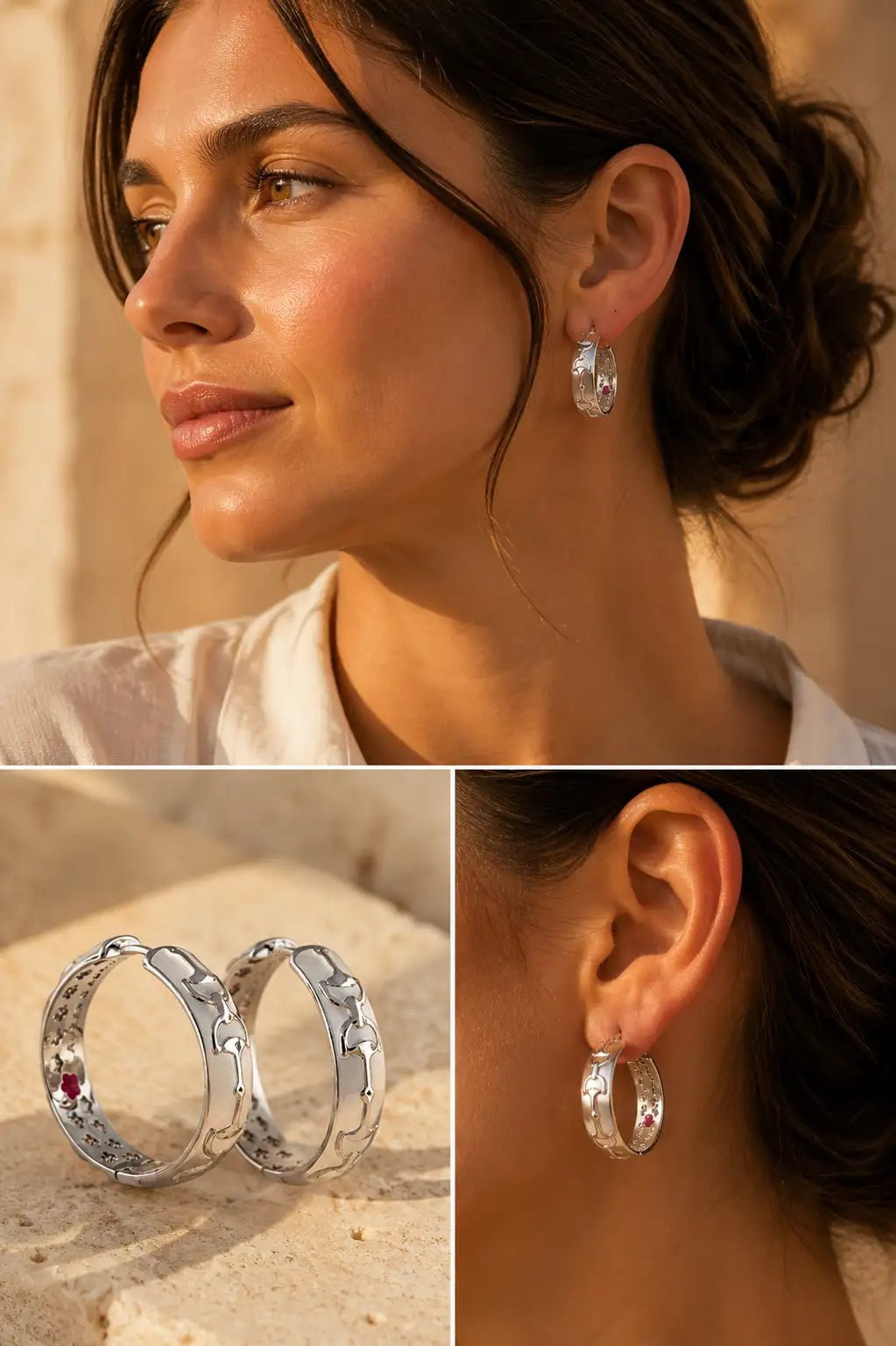 Woman wearing silver hoop earrings with close-up shots of the earrings and a blurred background.
