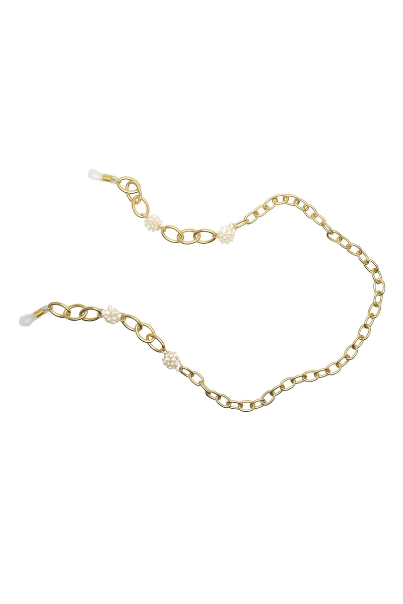 Esmee Golden Pearl Eyeglass Chain on a white background