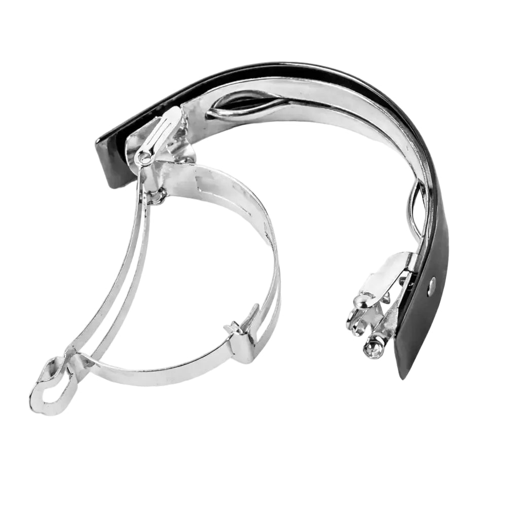 Silver Black metal barrette with spring opened on a white background