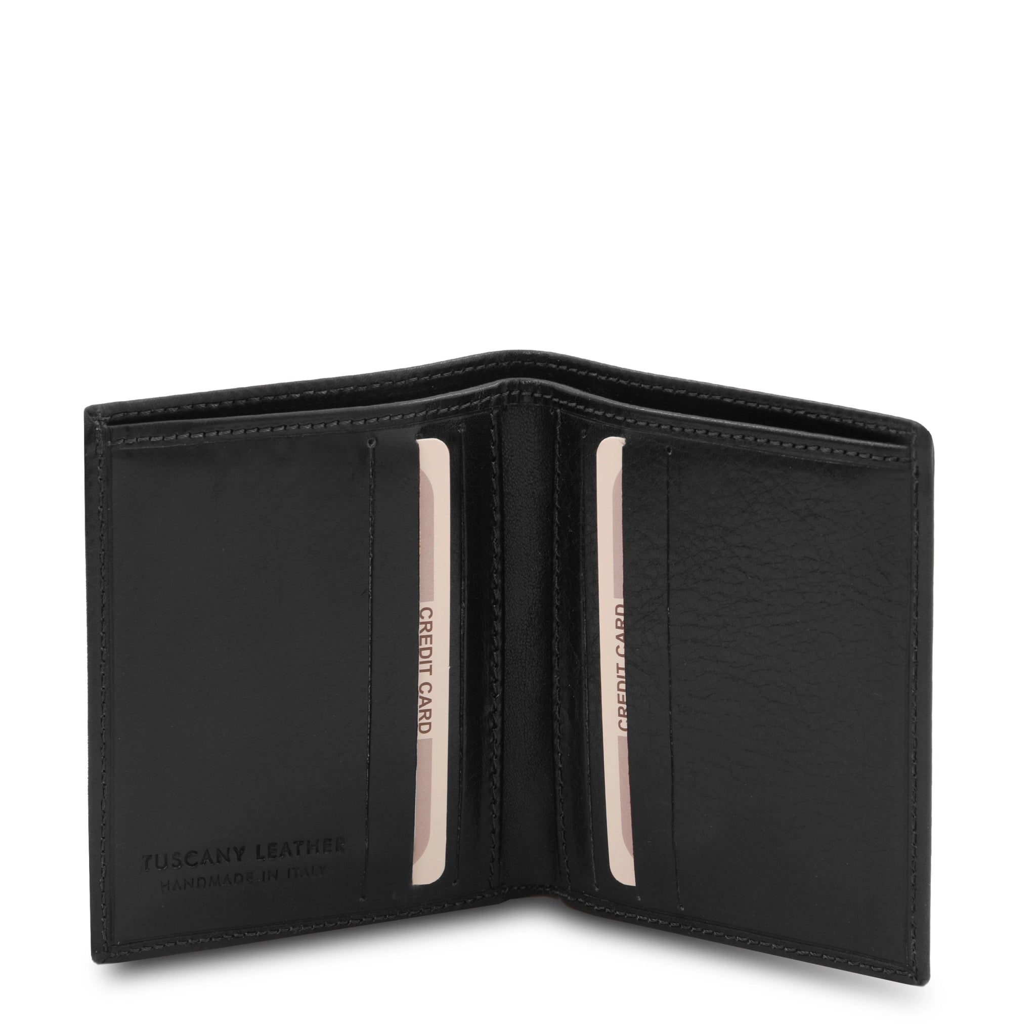 Black leather wallet with opened showing card slots on a white background