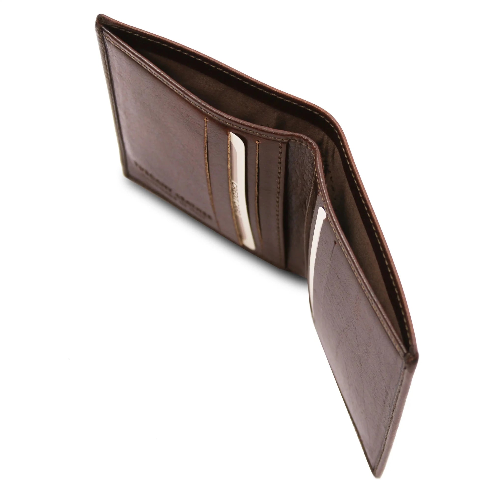 Dark Brown leather wallet opned showing bill compartment on a white background