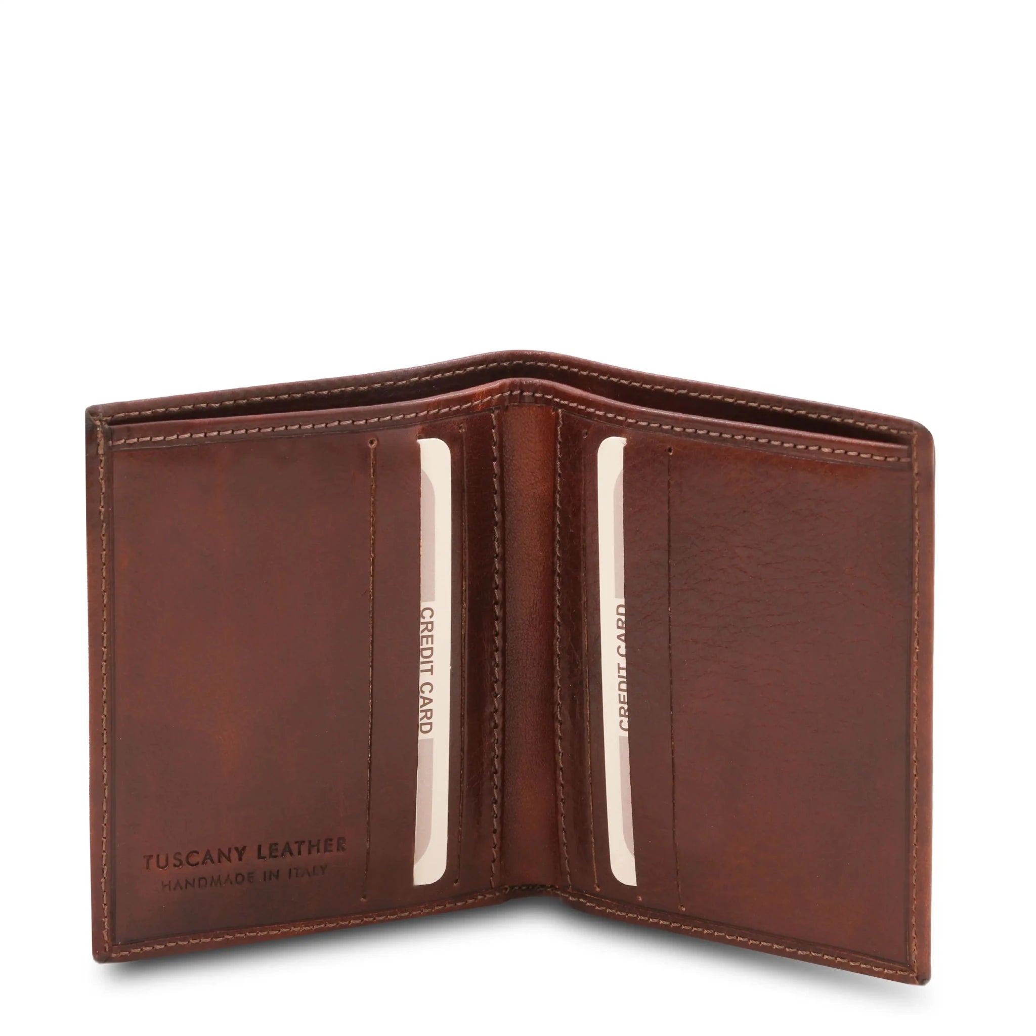 Brown leather wallet with opened showing card slots on a white background