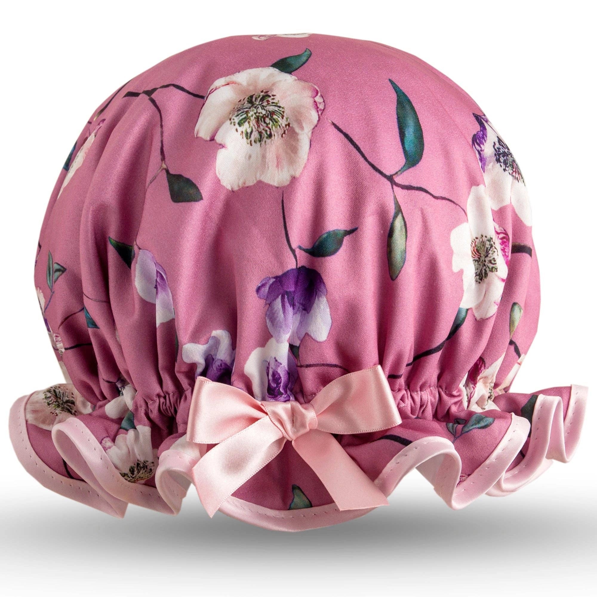 Floral Rose Shower Cap with pink bow on a white background