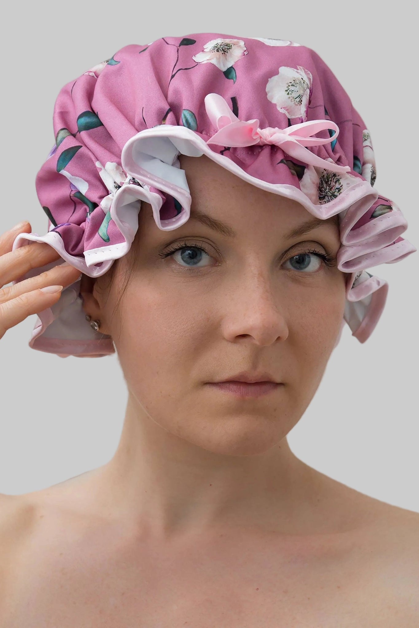 Floral Rose Shower Cap on Model on a light gray background