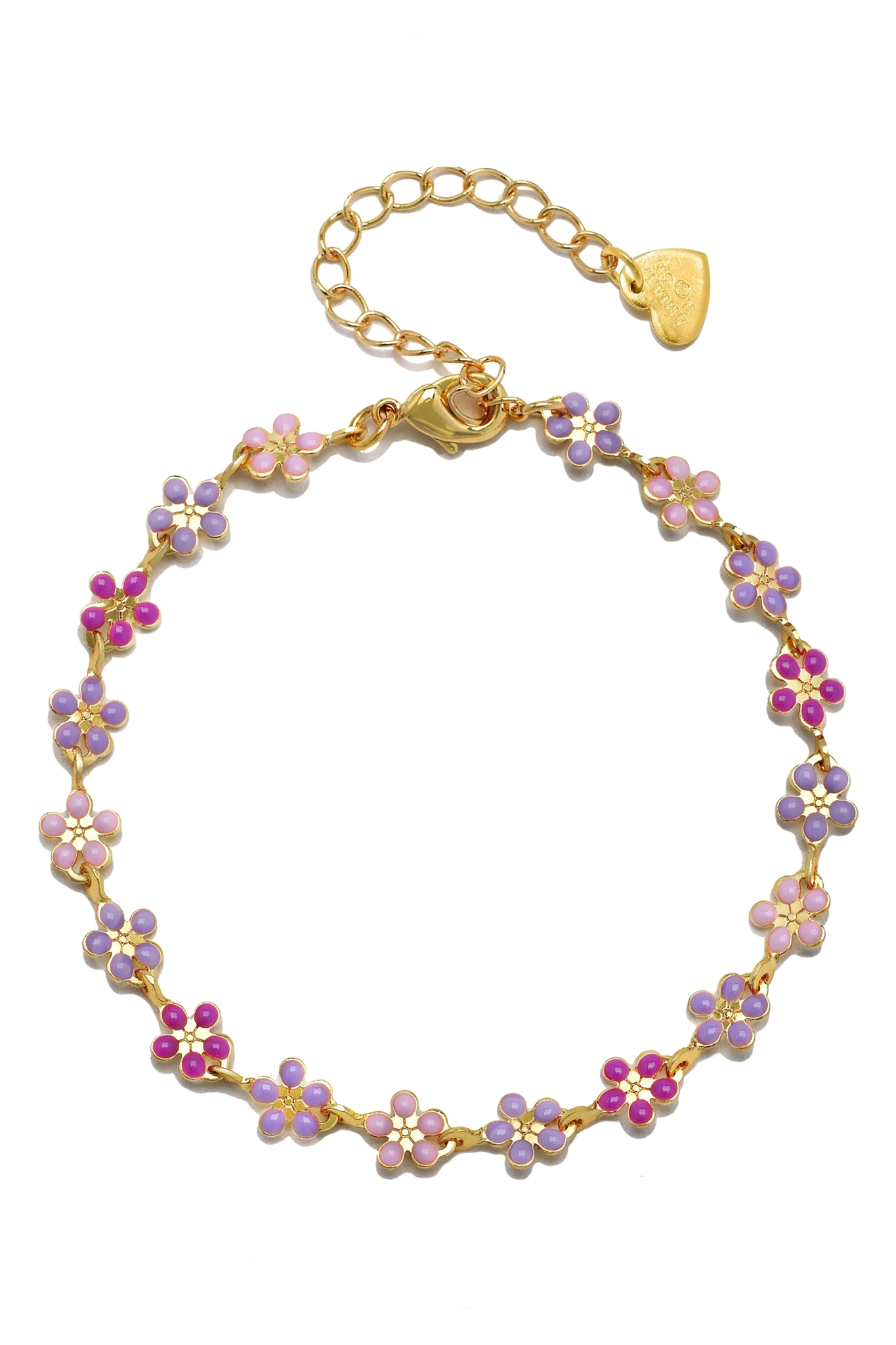 Forever Spring Pink and Purple Daisy Bracelet on a white background showing heart charm at the end of the extender chain - L'Atelier Global