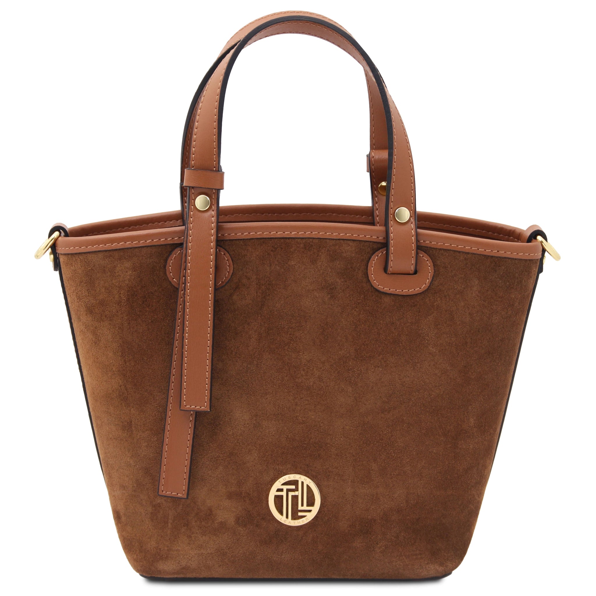 Front view Glacette Suede Leather Bucket bag in Cognac