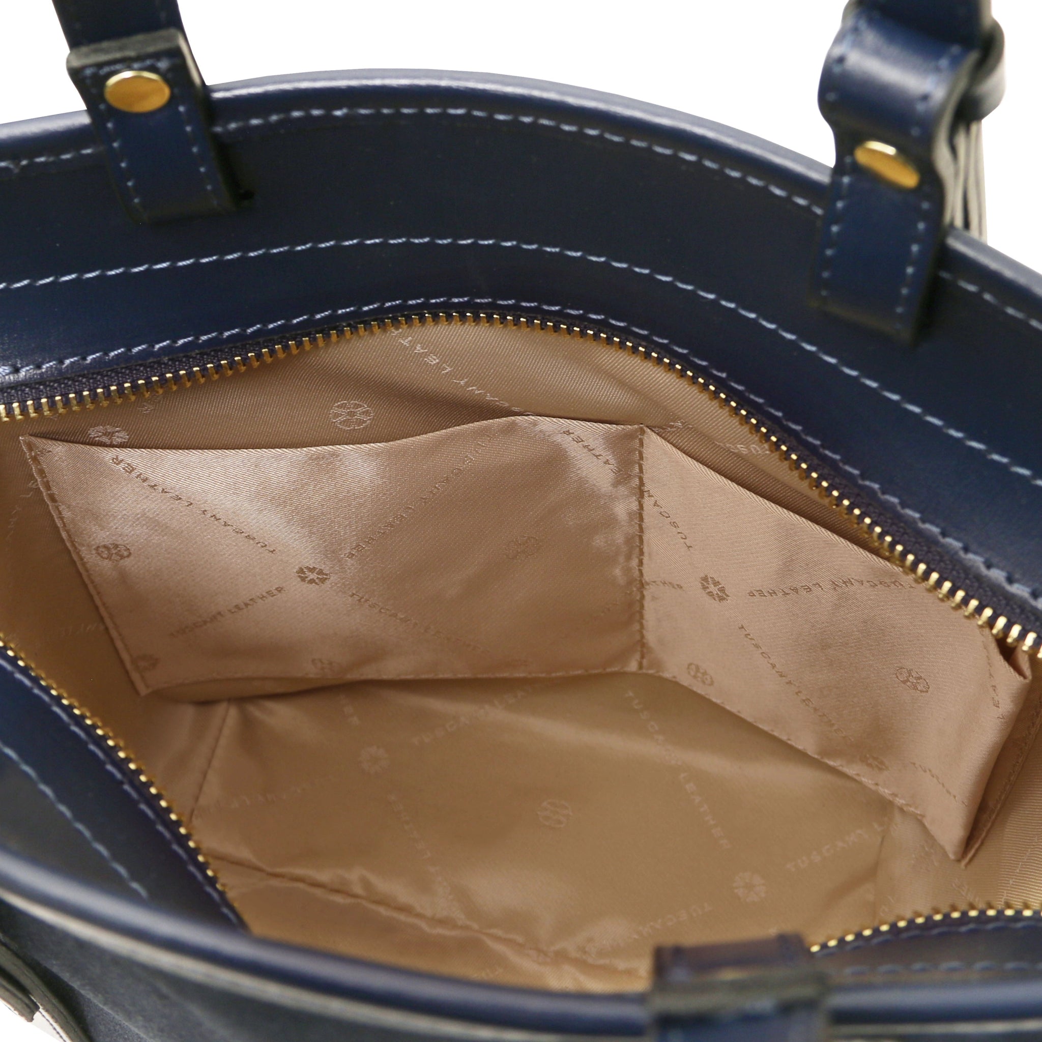 Interior open pocket beige lining view Glacette Suede Bucket bag in Dark Blue