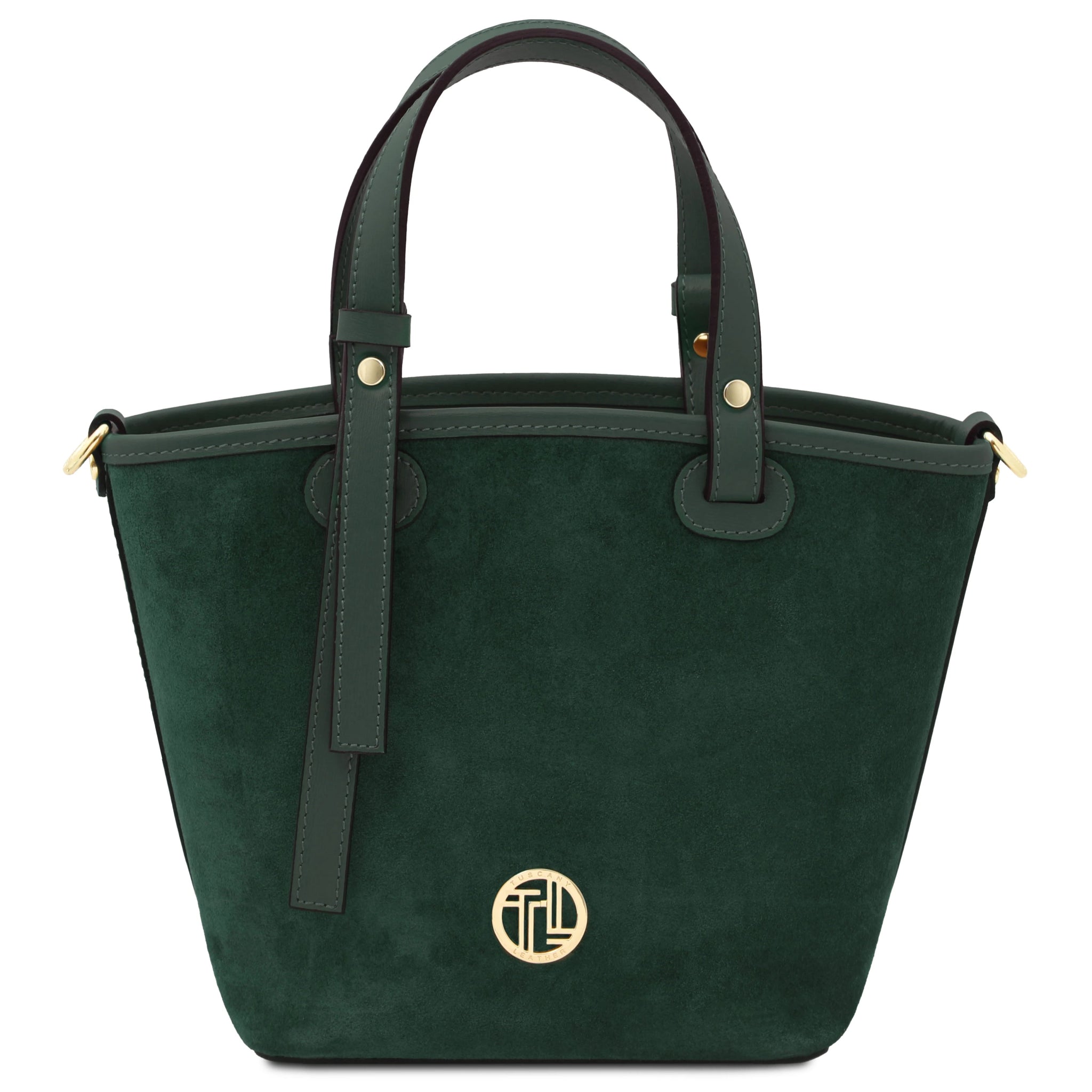 Front view Glacette Suede Leather Bucket bag in Forest Green