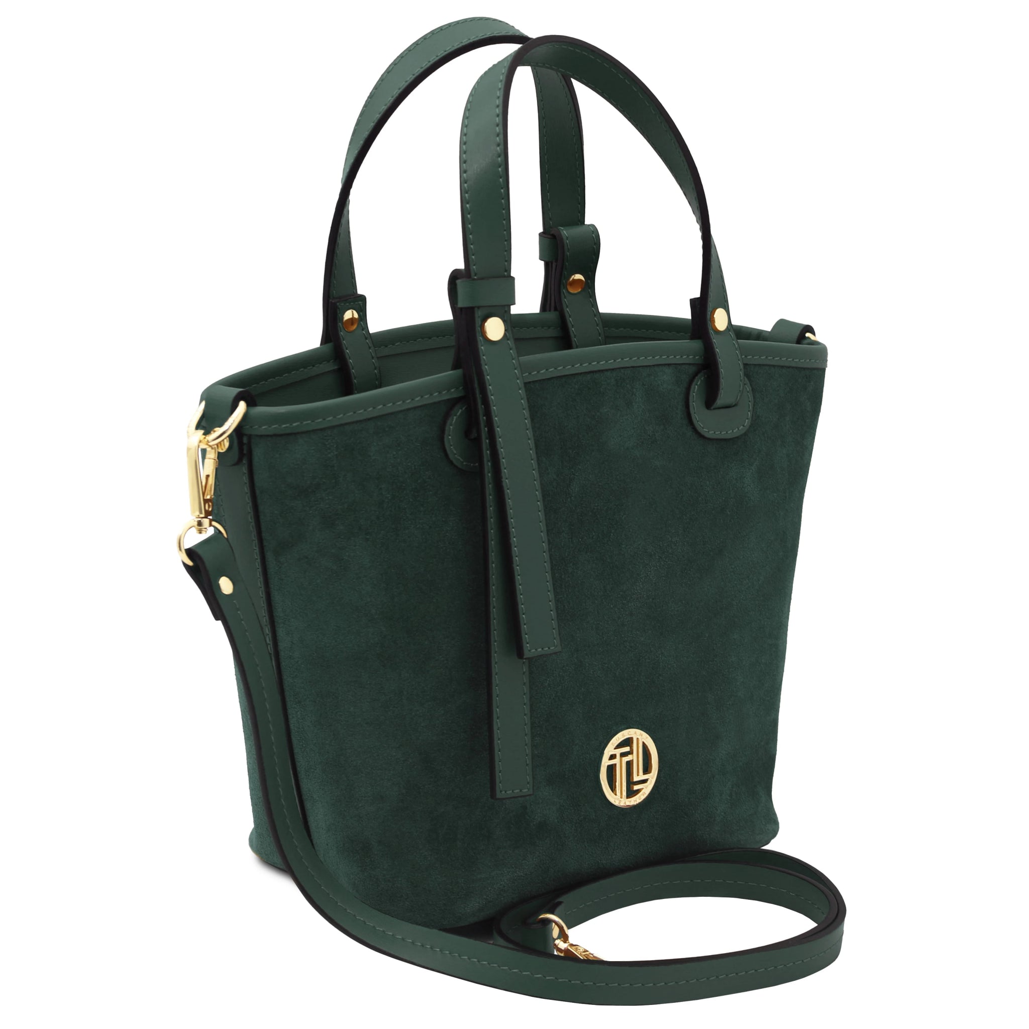 Shoulder strap view Glacette Suede Leather Bucket bag in Forest Green