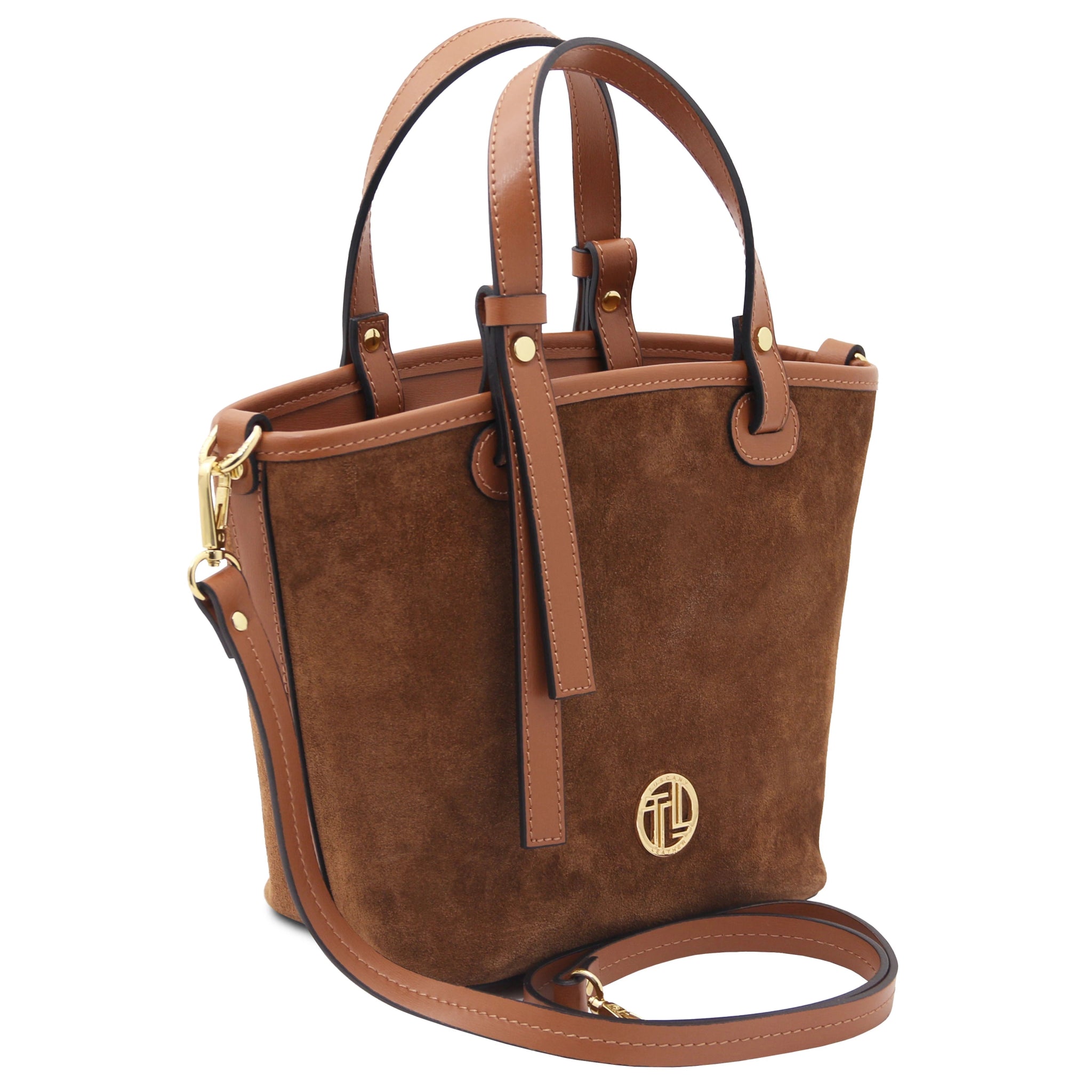 Shoulder strap view Glacette Suede Leather Bucket bag in Cognac