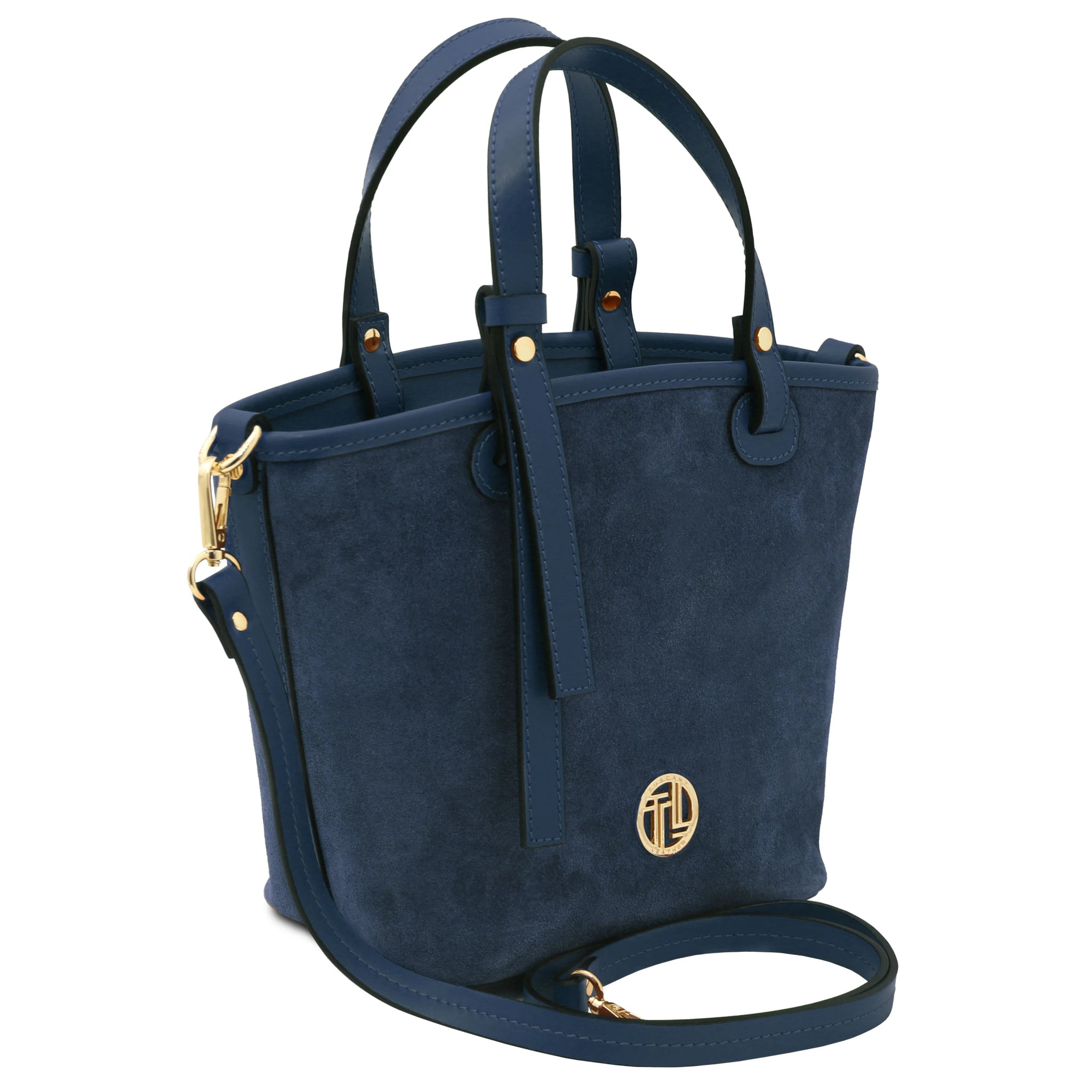 Shoulder strap view Glacette Suede Leather Bucket bag in Dark Blue
