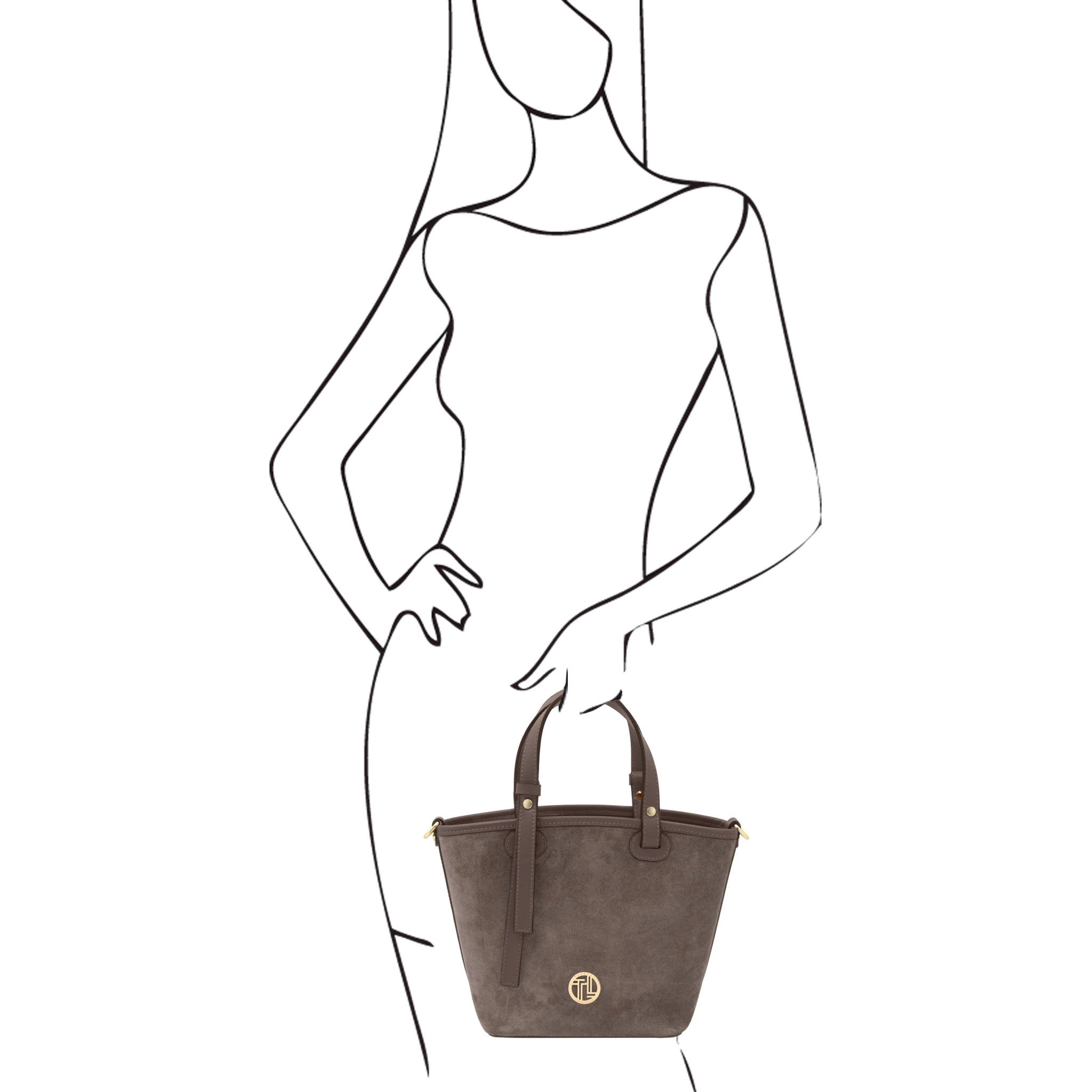 Black and white sketch of a woman holding Glacette Suede Bucket bag in Dark Taupe