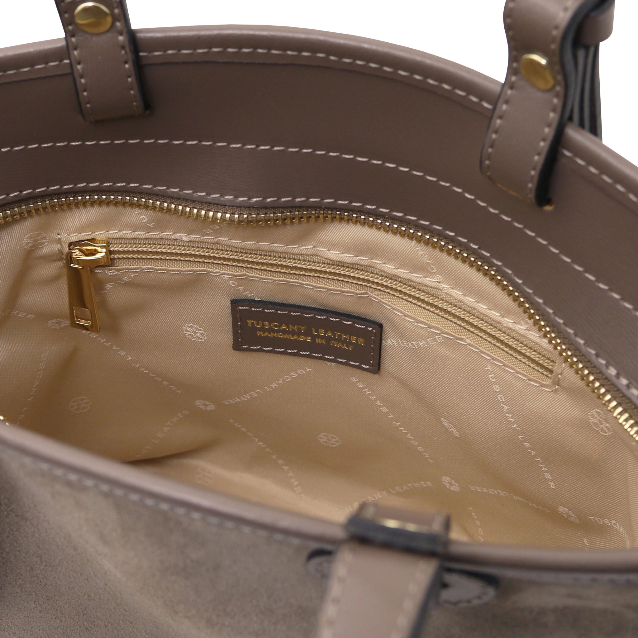 Interior zip pocket beige lining view Glacette Suede Bucket bag in Dark Taupe