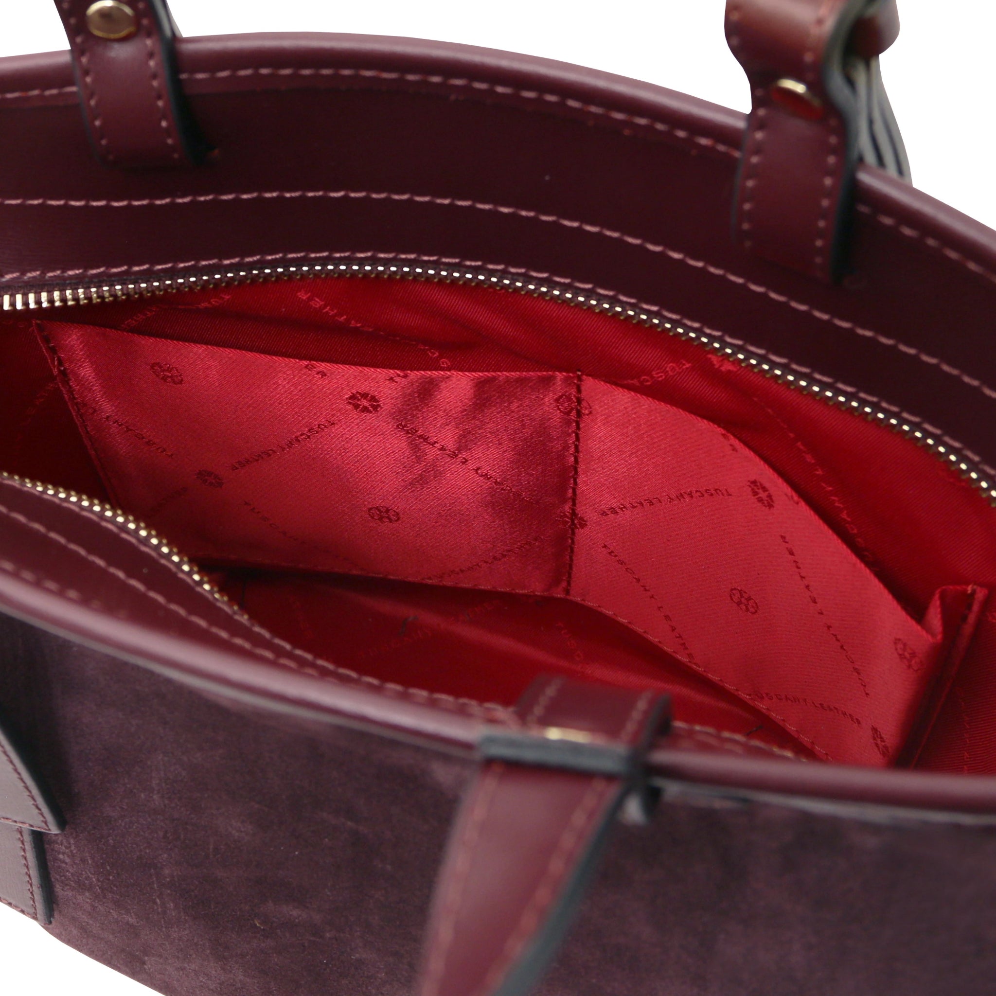 Interior open pocket red lining view Glacette Suede Bucket bag in Bordeaux