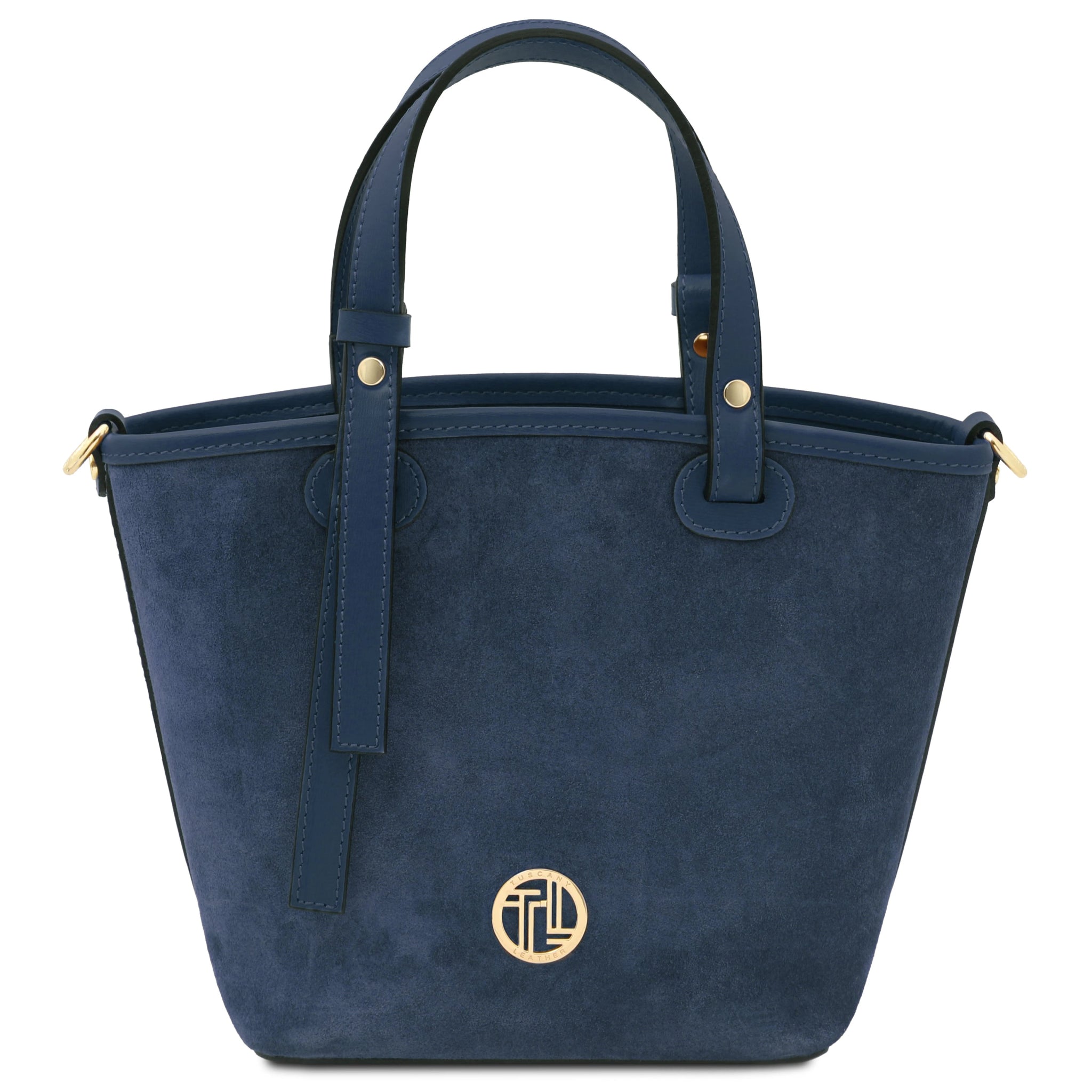 Front view Glacette Suede Leather Bucket bag in Dark Blue