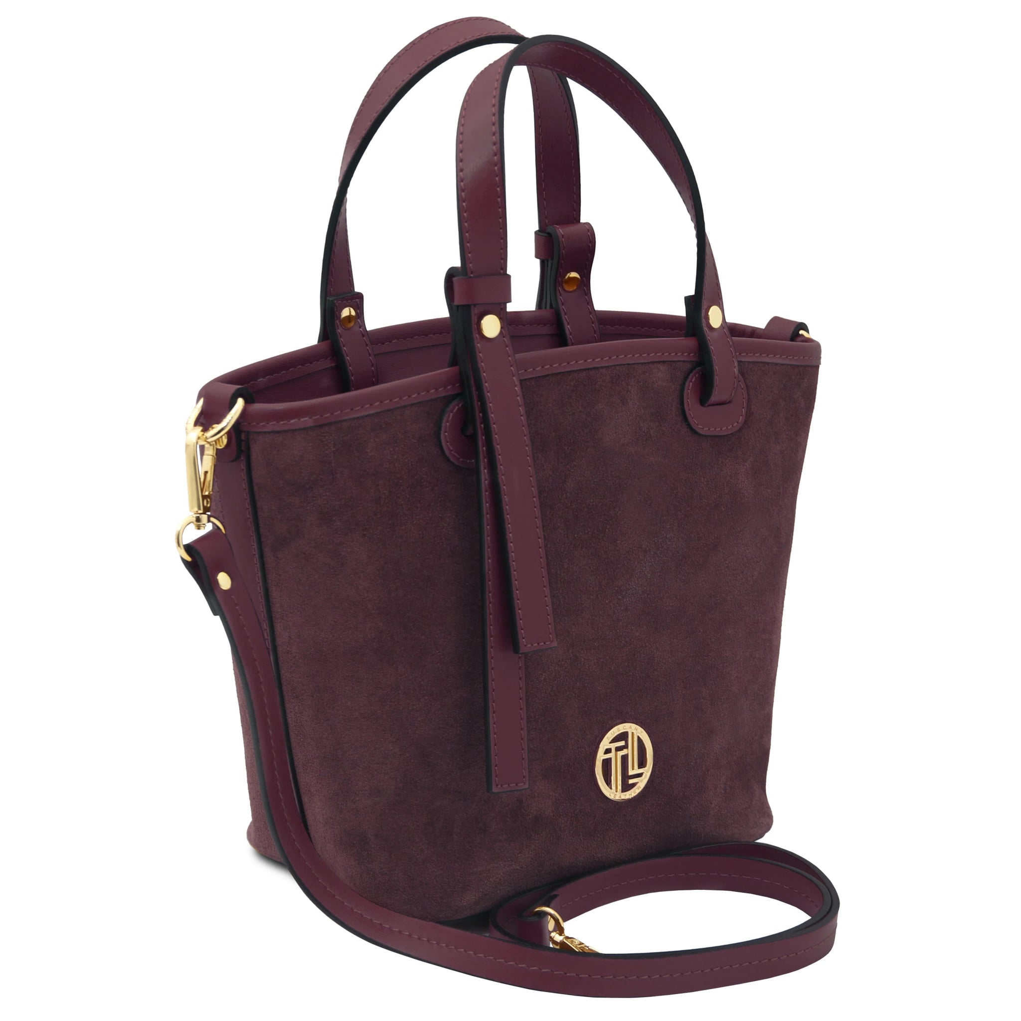 Shoulder strap view Glacette Suede Leather Bucket bag in Bordeaux