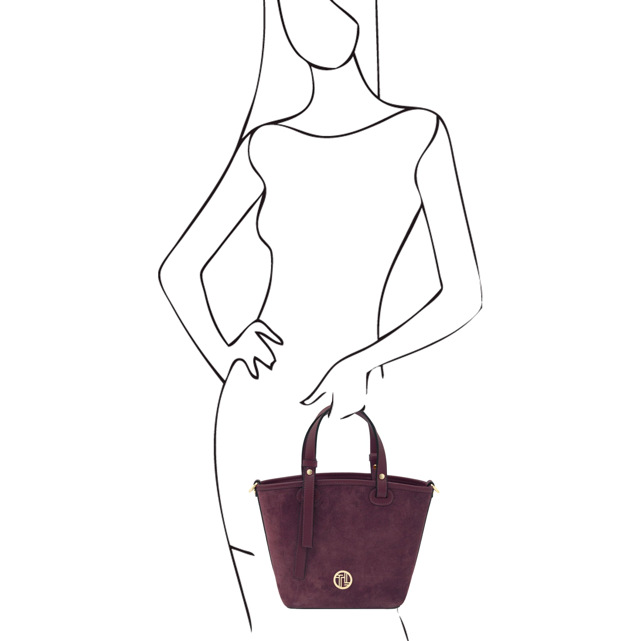 Black and white sketch of a woman holding Glacette Suede Bucket bag in Bordeaux