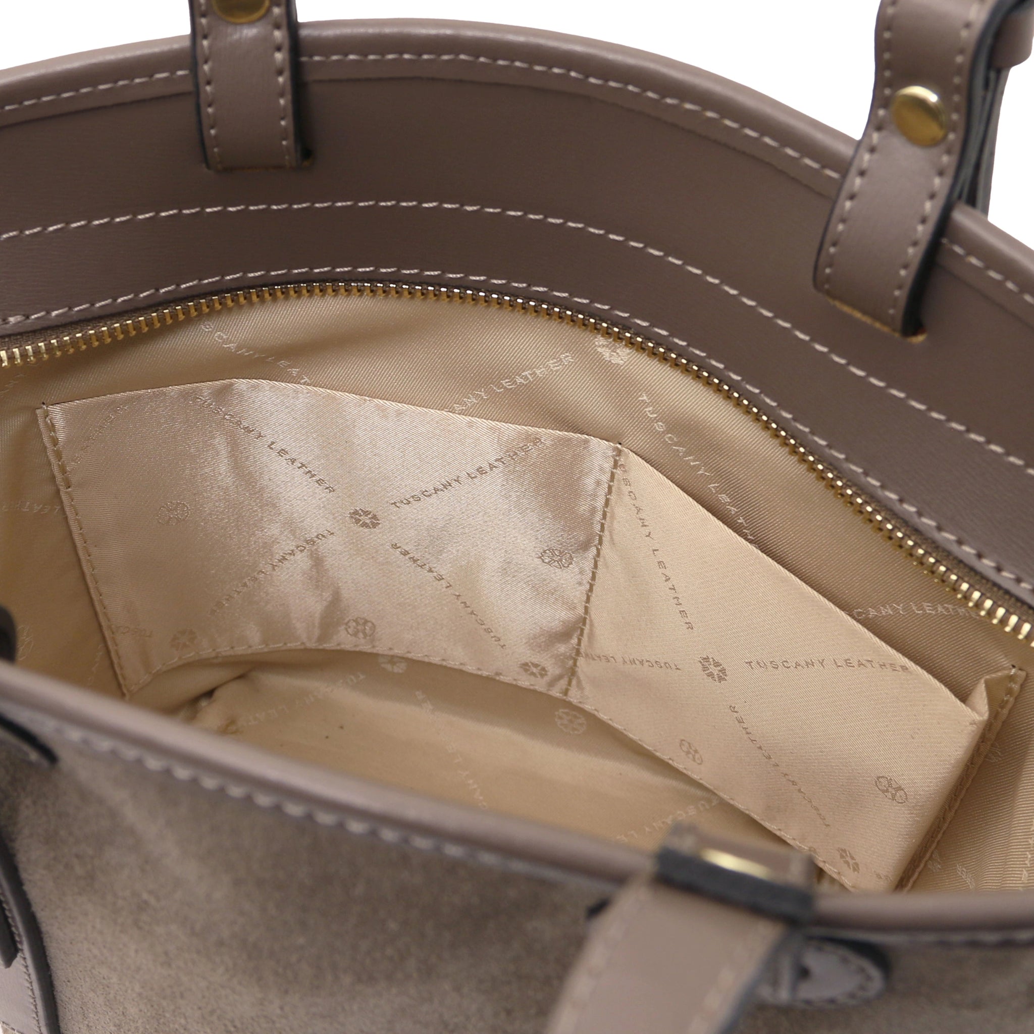 Interior open pocket beige lining view Glacette Suede Bucket bag in Dark Taupe