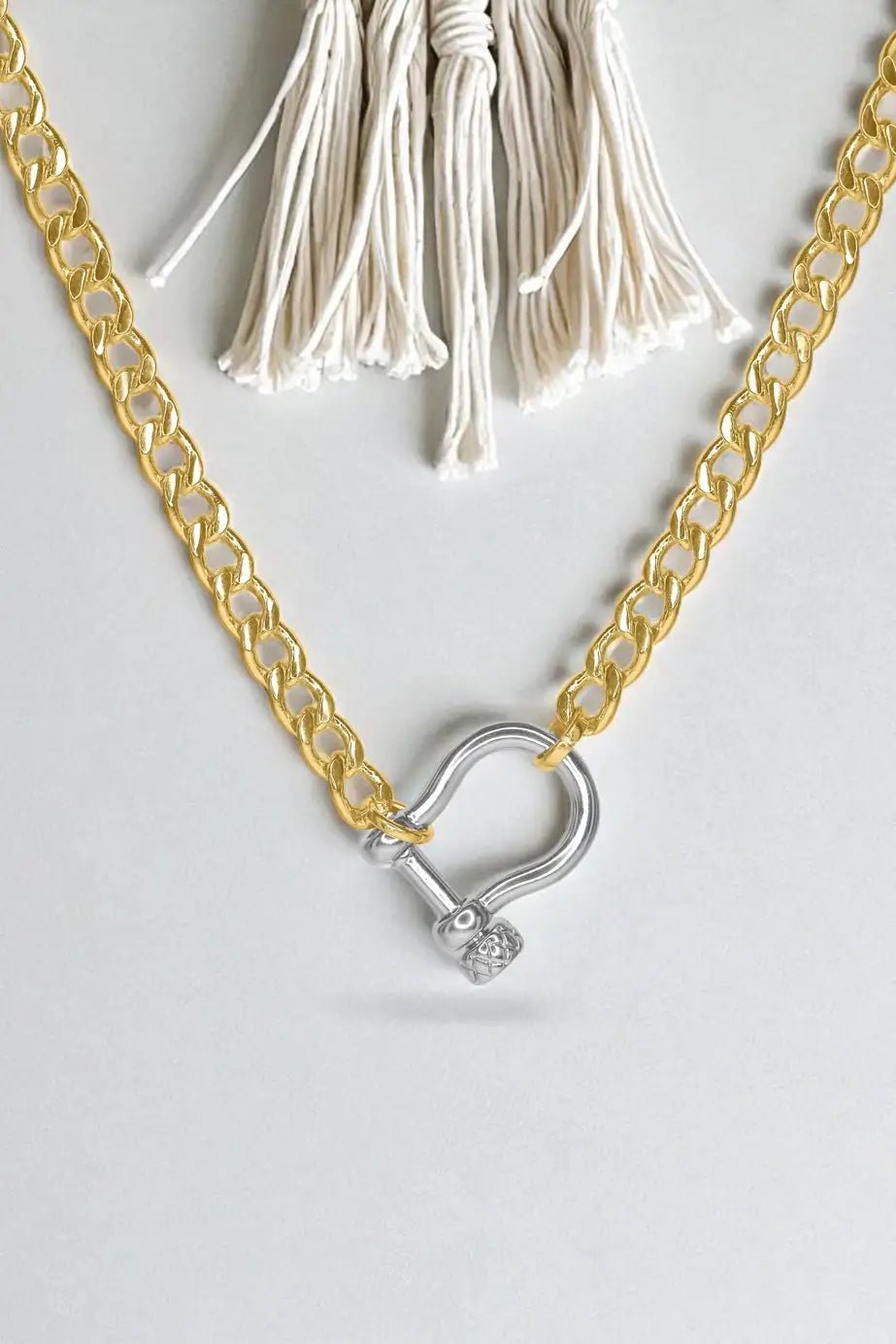 Gold chain necklace with a silver horse shoe clasp on a light gray background