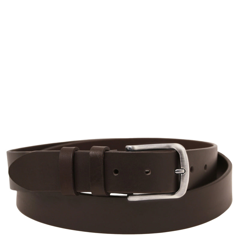 Brown smooth leather belt with a silver buckle curled up on a white background