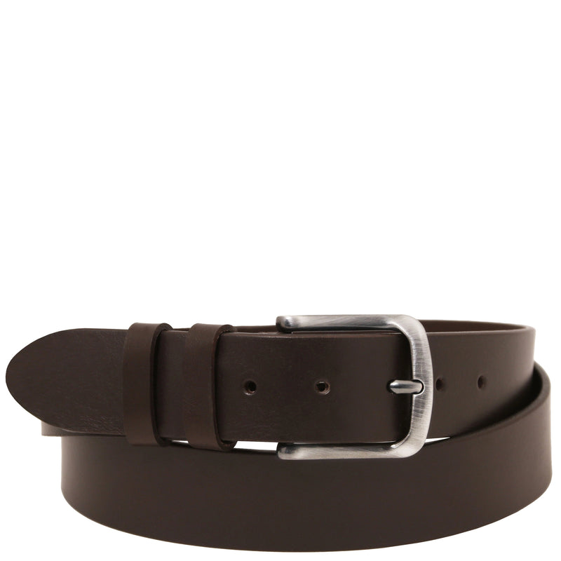 Smooth brown leather belt with a silver buckle curled up on a white background
