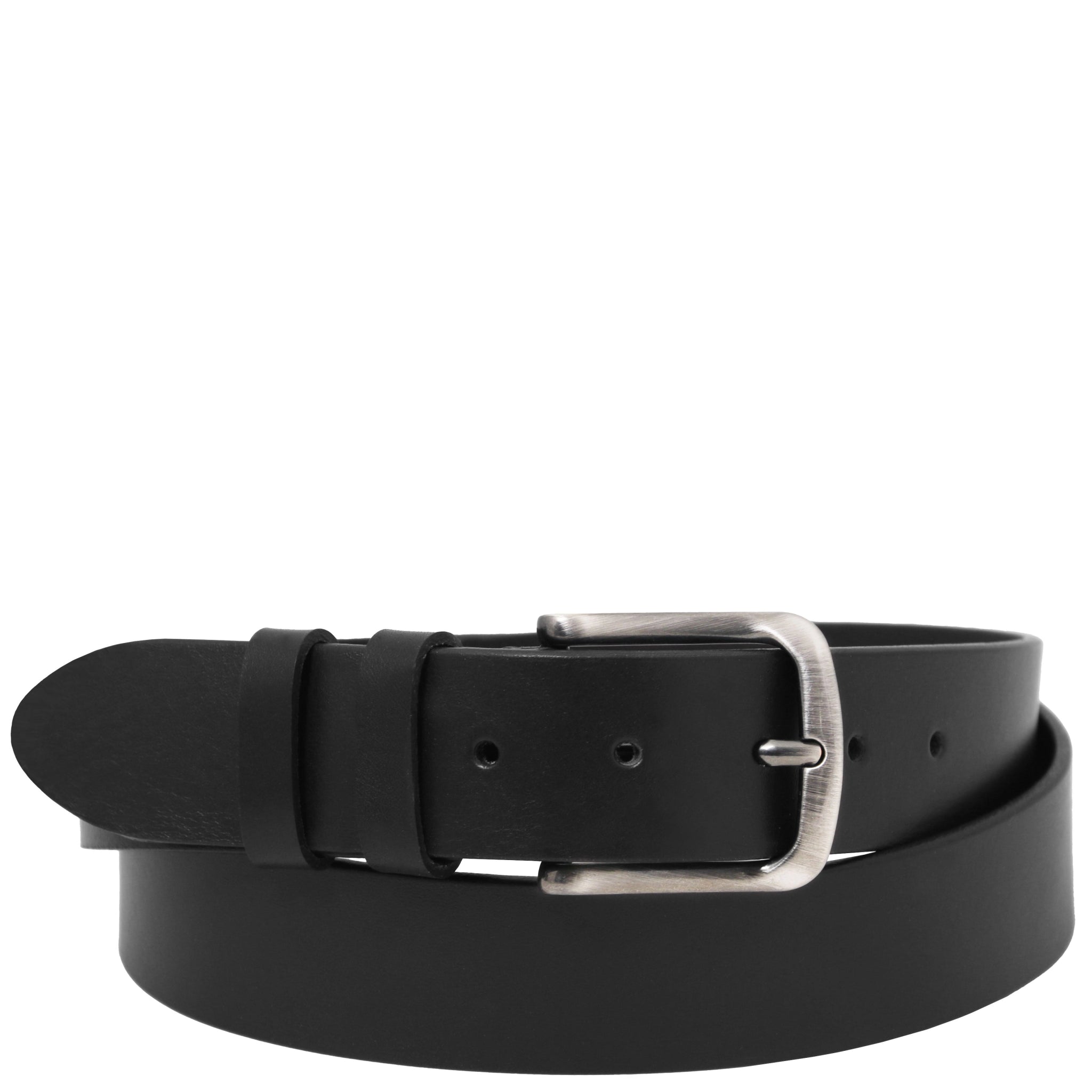Black leather belt with a silver buckle on a white background