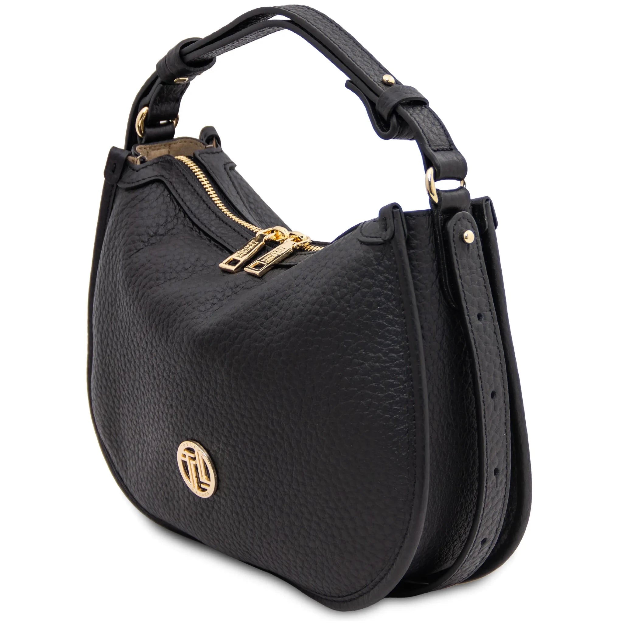 Front angled view Hoblò Soft Italian Leather Handbag in Black