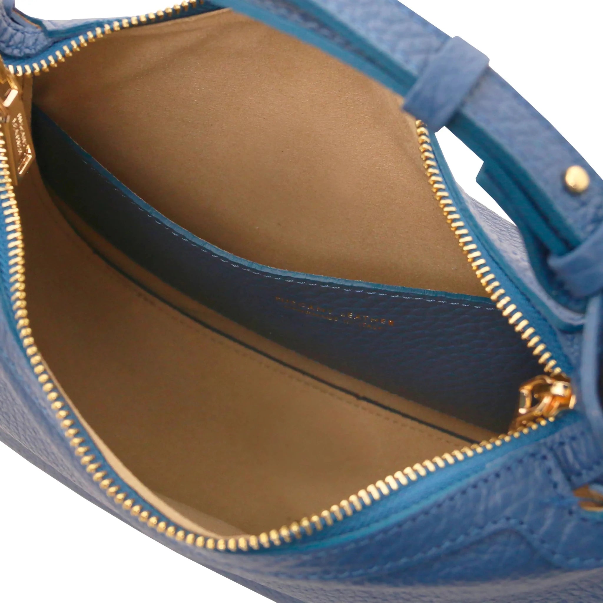 Interior zip pocket view Hoblò Soft Italian Leather Handbag in Blue with beige lining
