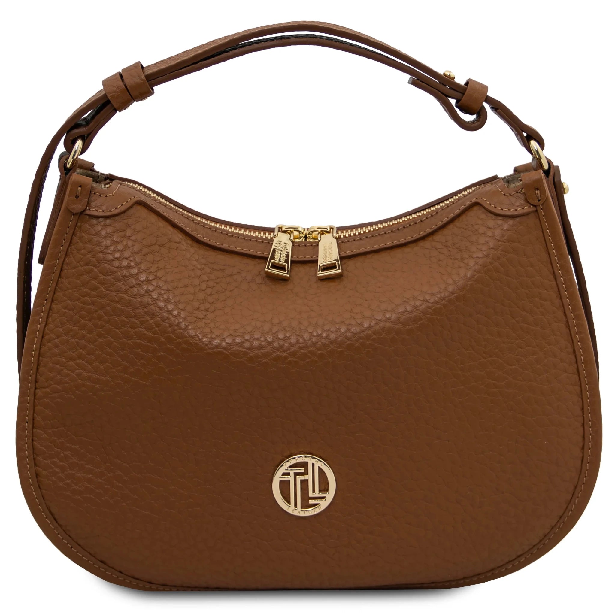 Front view Hoblò Soft Italian Leather Handbag in Cognac