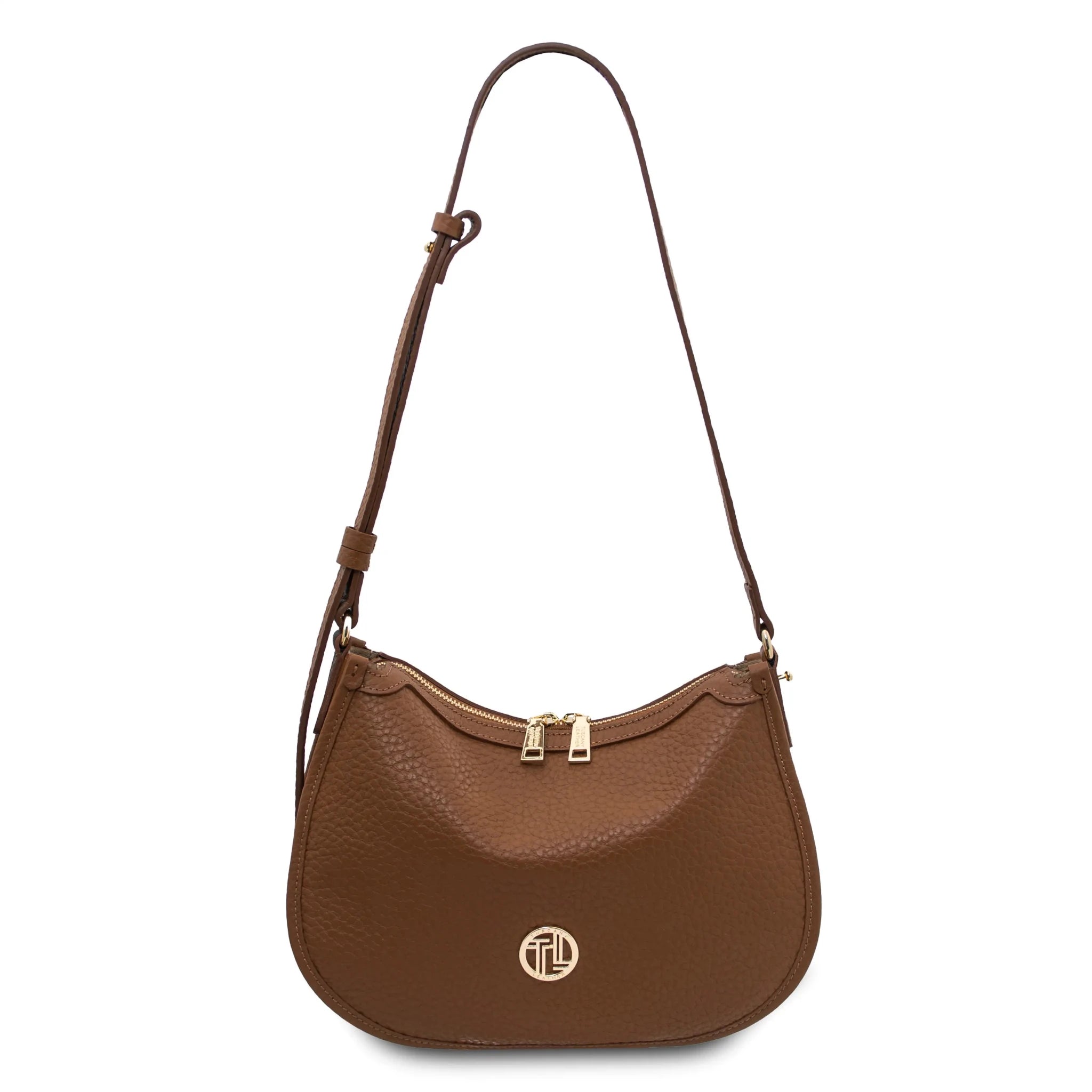 Front view Hoblò Soft Italian Leather Handbag in Cognac showing crossbody strap