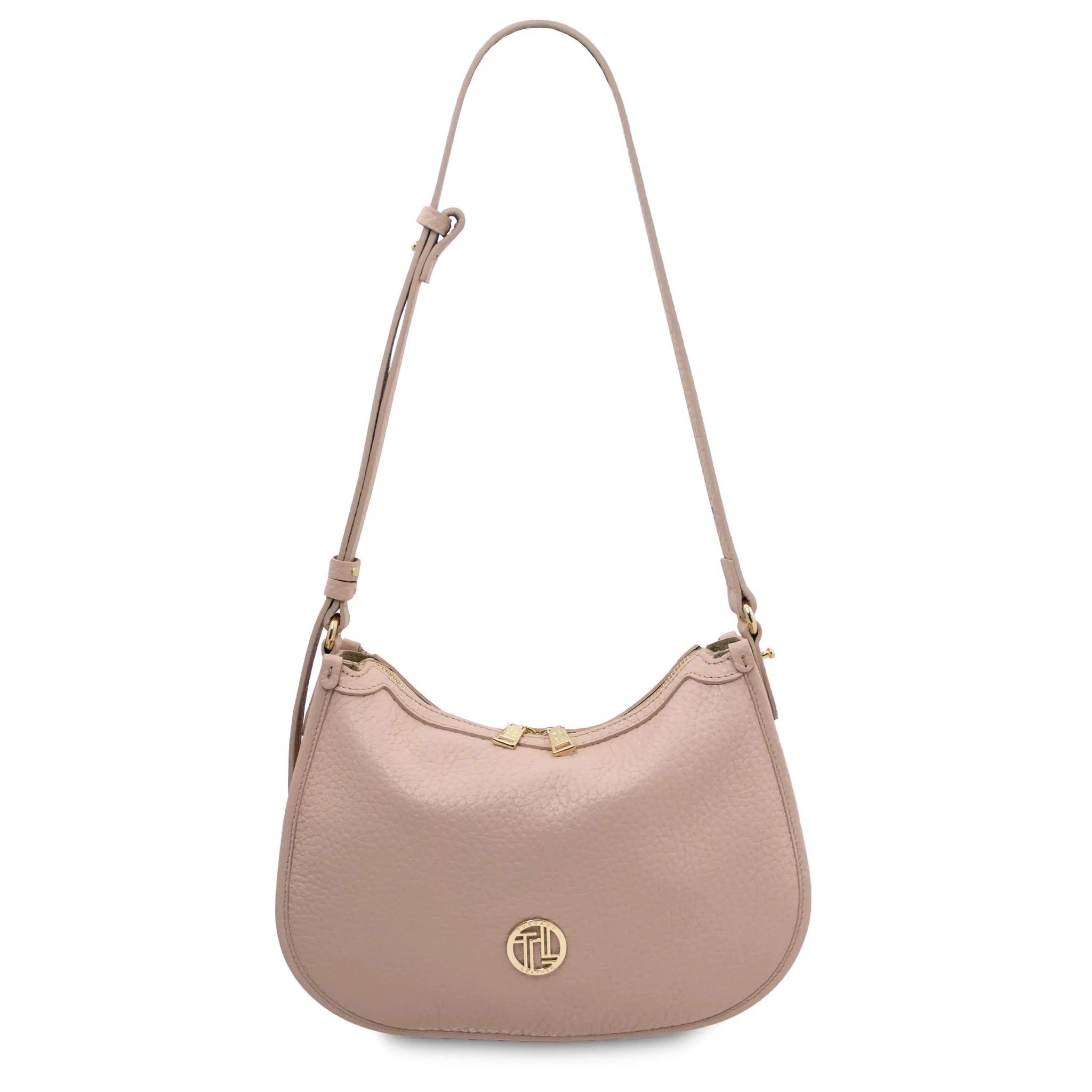 Front view Hoblò Soft Italian Leather Handbag in Nude showing crossbody strap