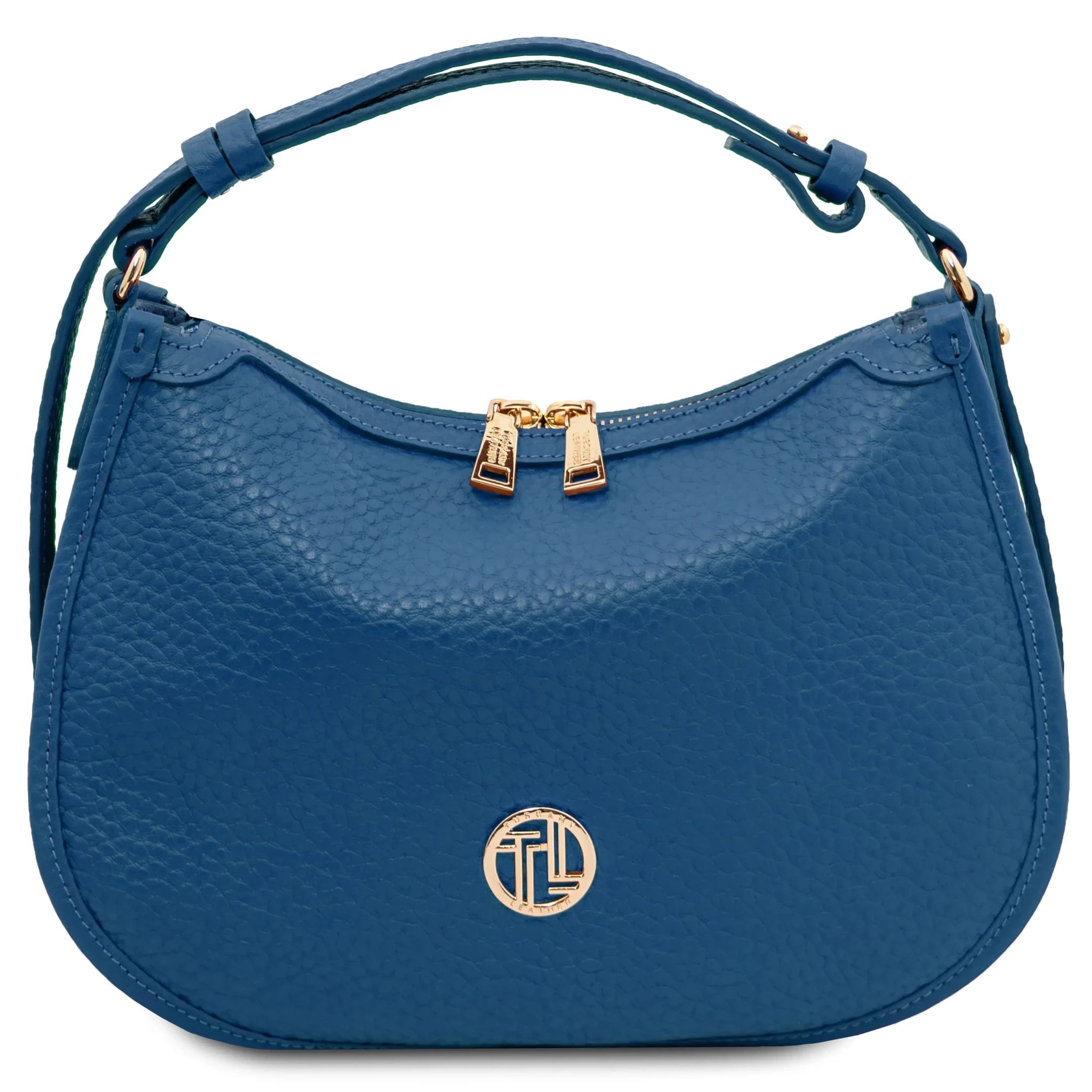 Front view Hoblò Soft Italian Leather Handbag in Blue