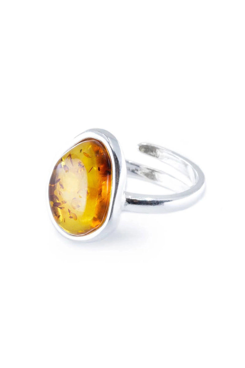 Honey Baltic Amber Element Solitaire Adjustable Ring on a white background