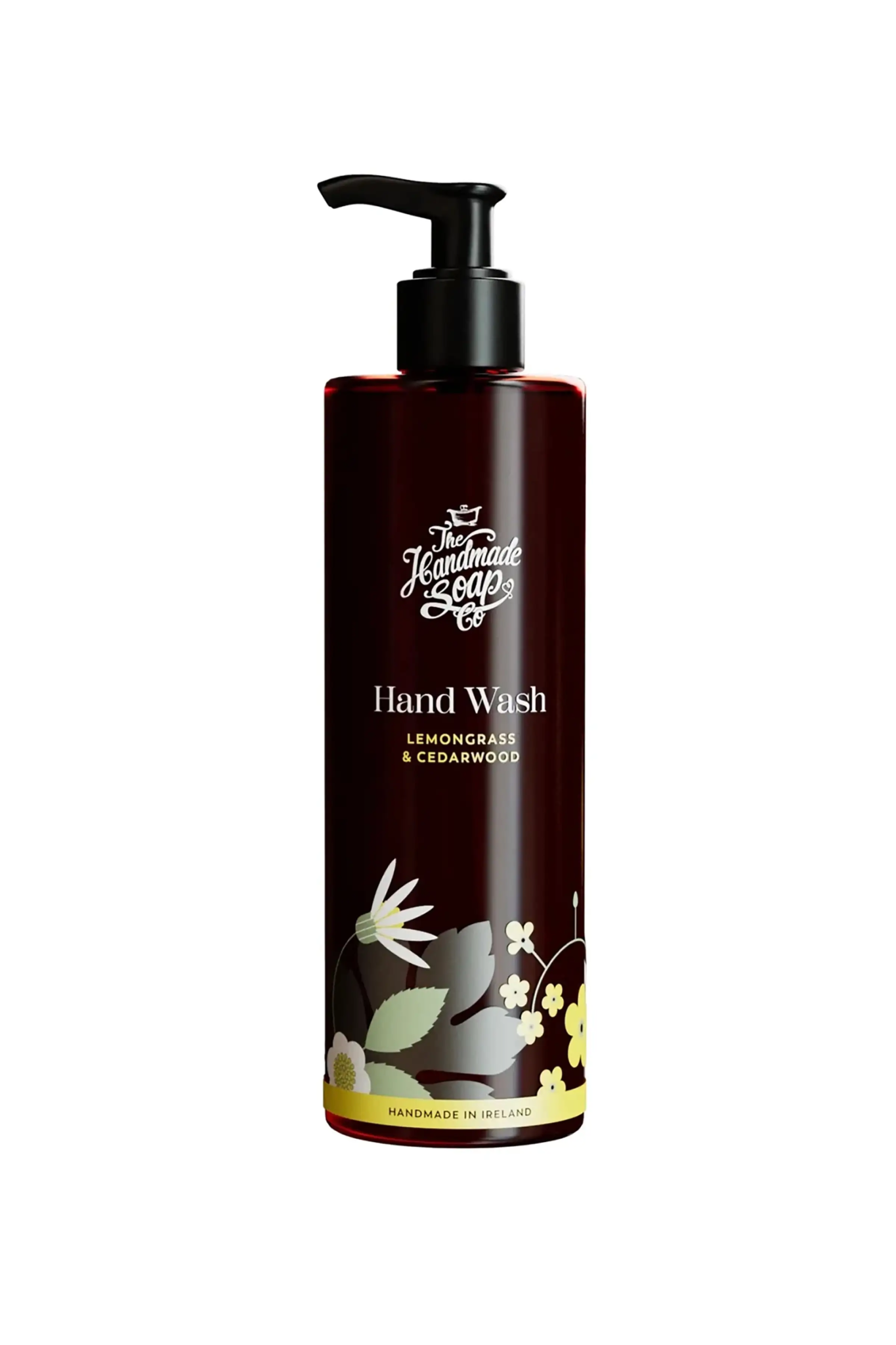 Hand wash bottle with branding and product details on a white background