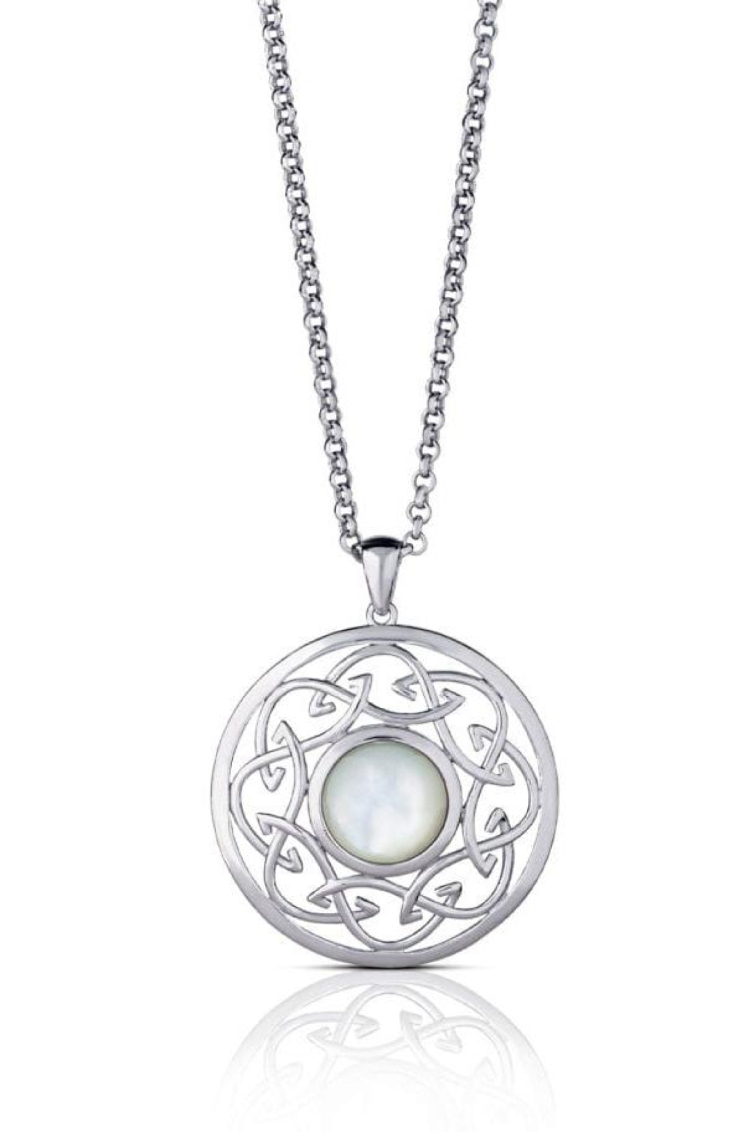 Irish Mother of Pearl Trinity Silver Swirl Necklace on a white background - L'Atelier Global