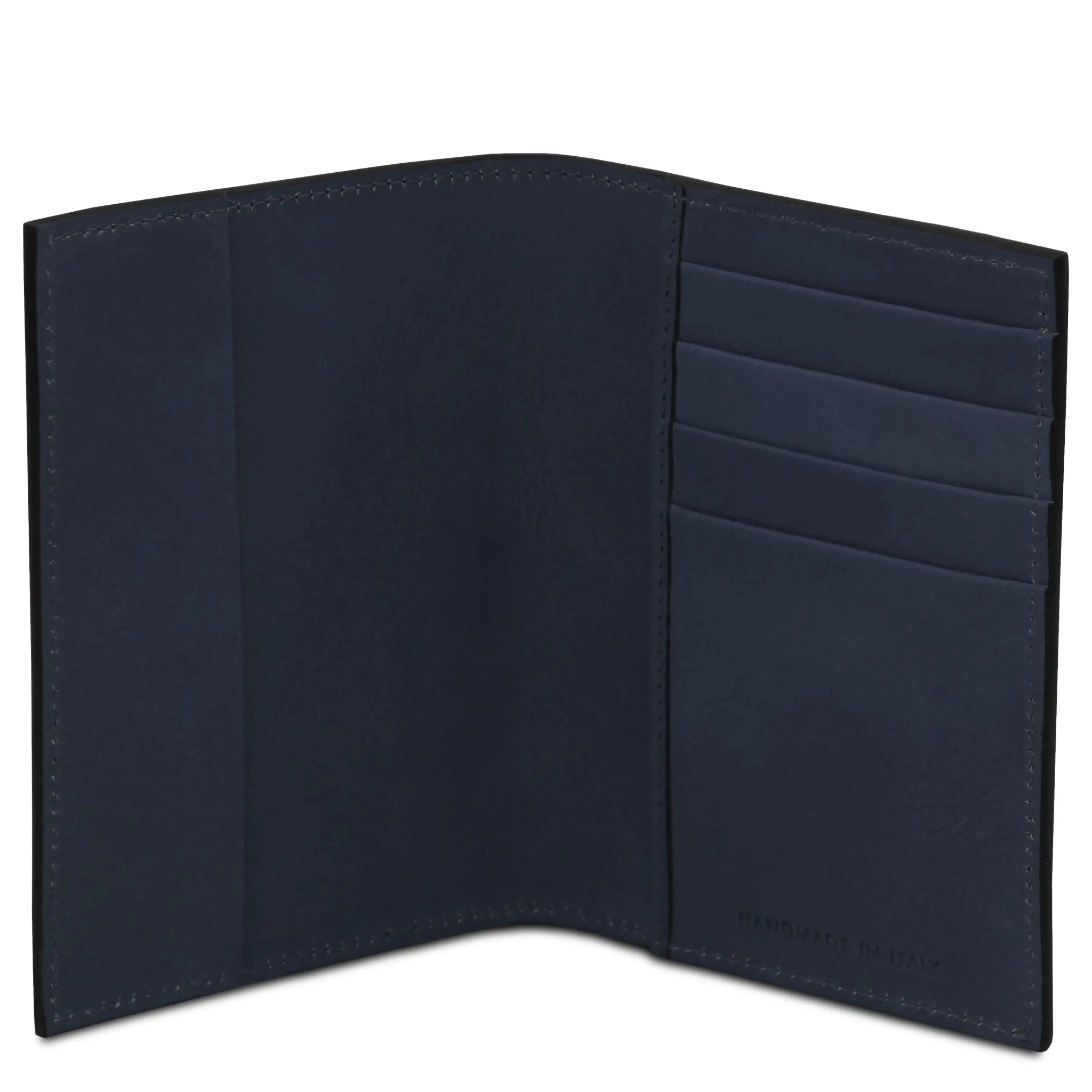 Interior pockets view Italian Leather Passport Cover in black