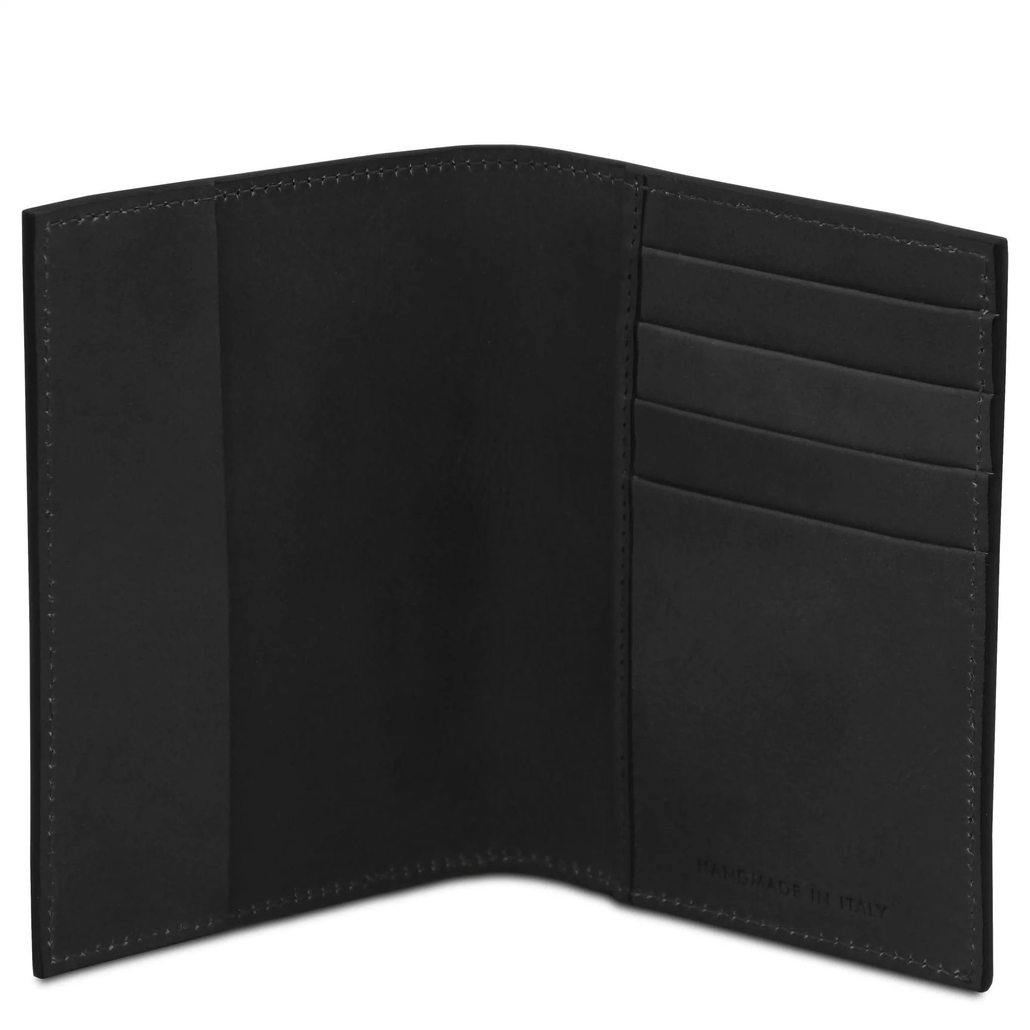 Interior pockets view Italian Leather Passport Cover in black