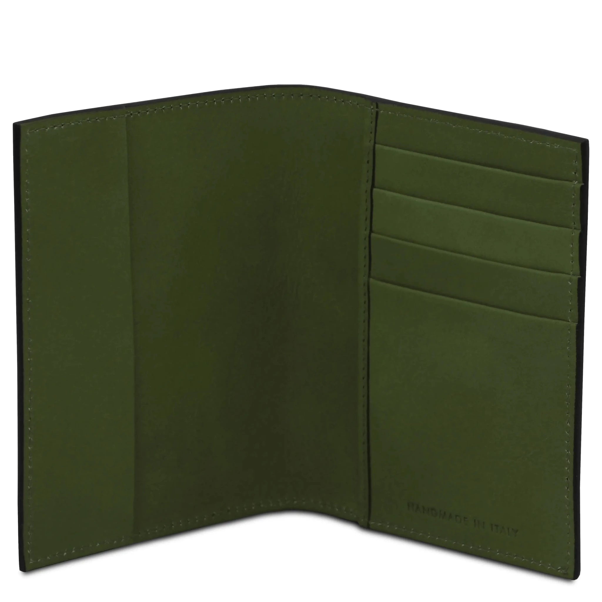 Interior pockets view Italian Leather Passport Cover in green