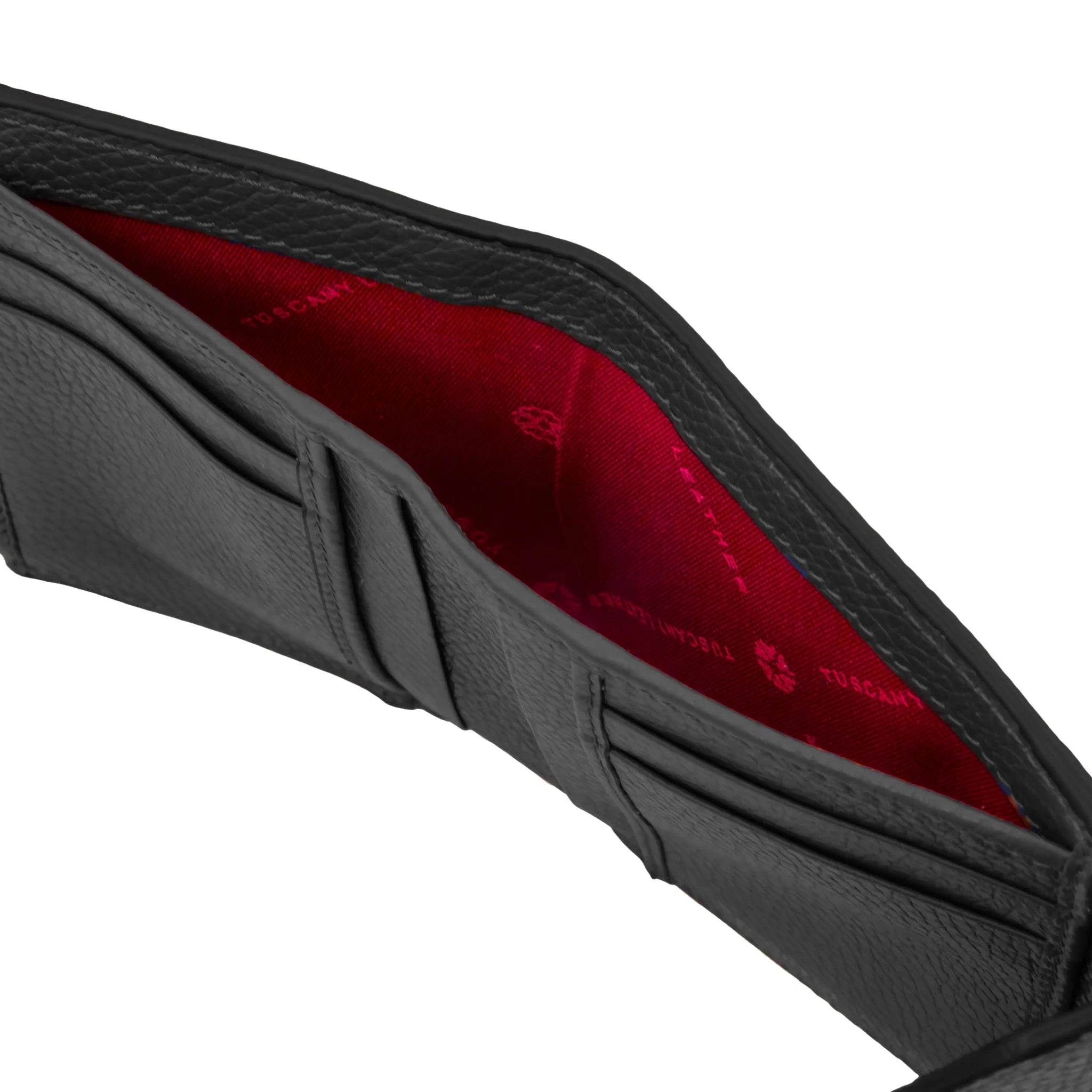 Top bifold view black Italian Pebbled Leather Envelope Wallet with red lining