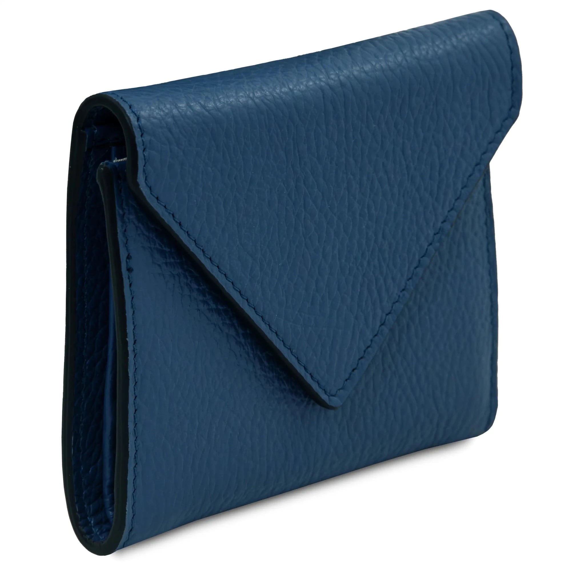 Front angled view denim Italian Pebbled Leather Envelope Wallet