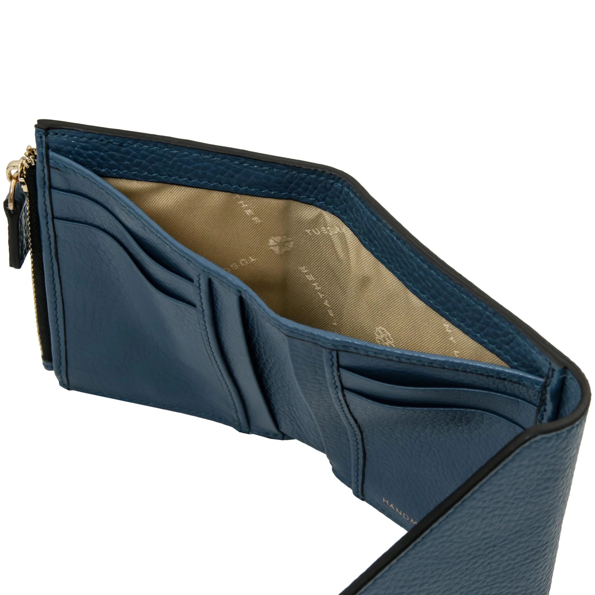Interior view denim Italian Pebbled Leather Envelope Wallet