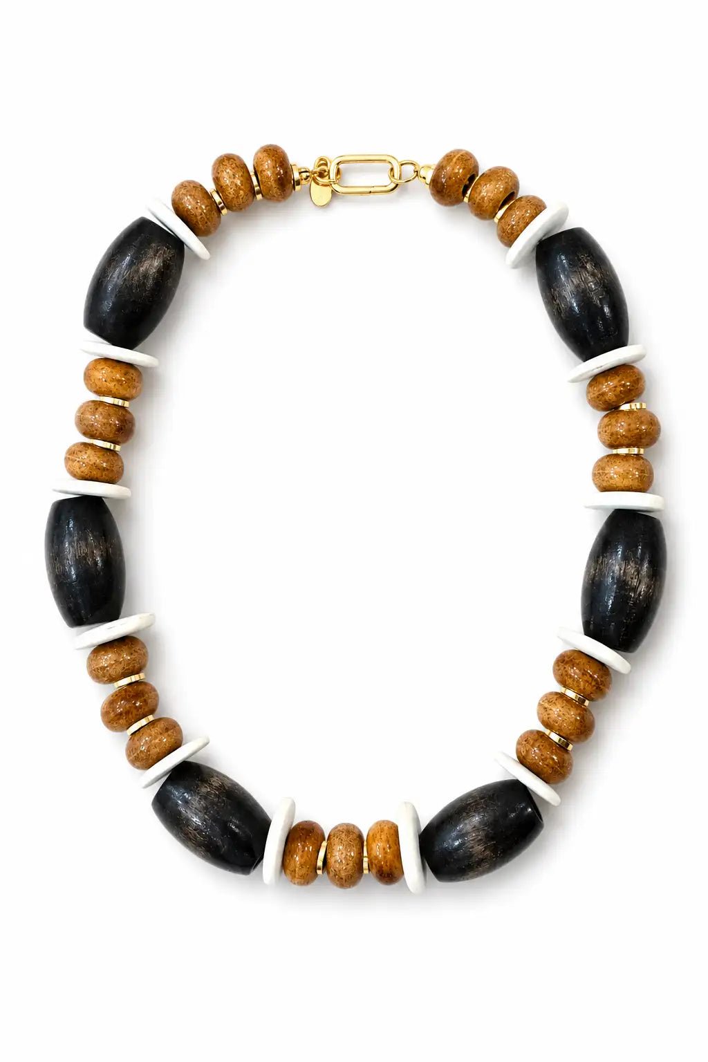 Necklace with black and brown beads on a white background