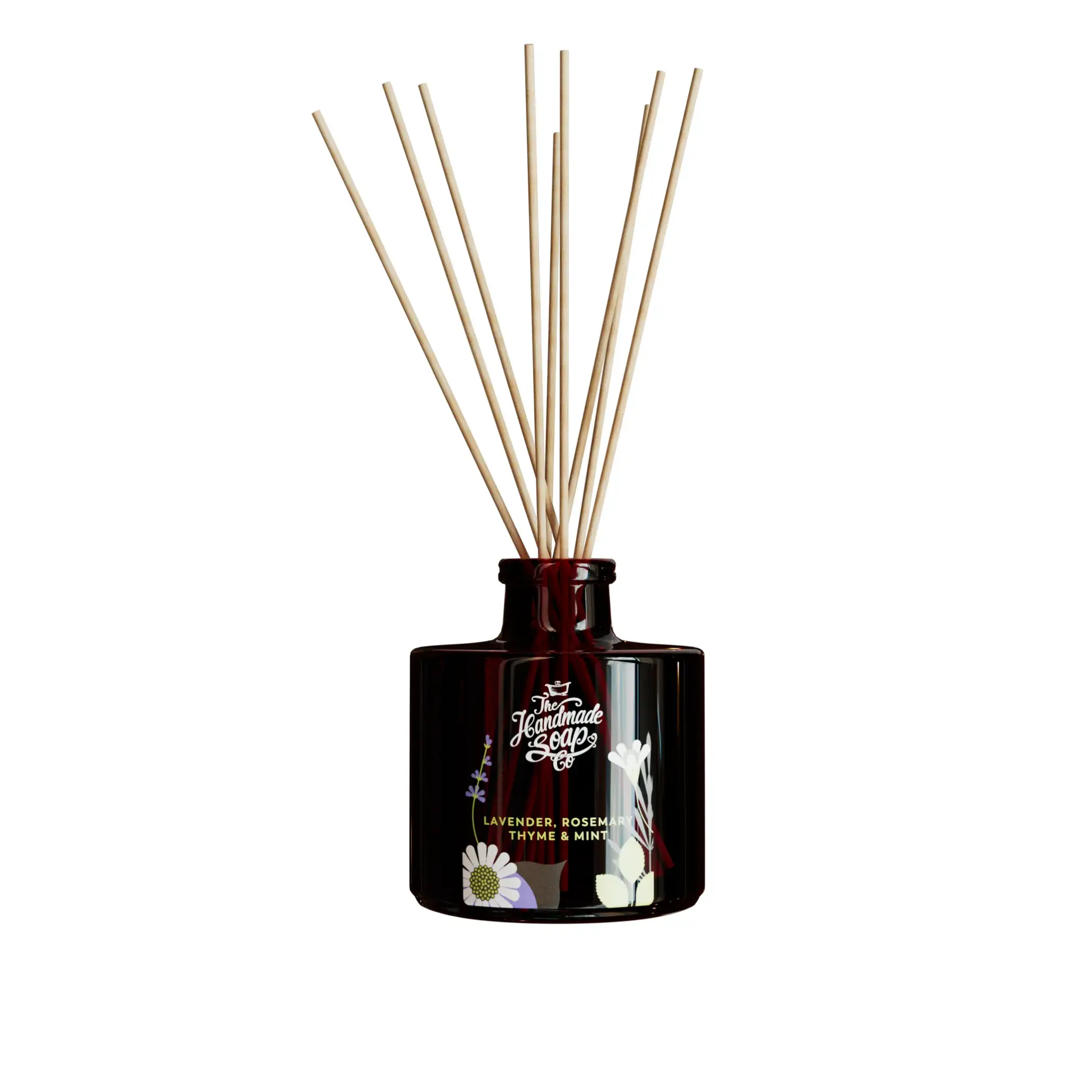 Diffuser with wooden sticks and brown bottle on white background