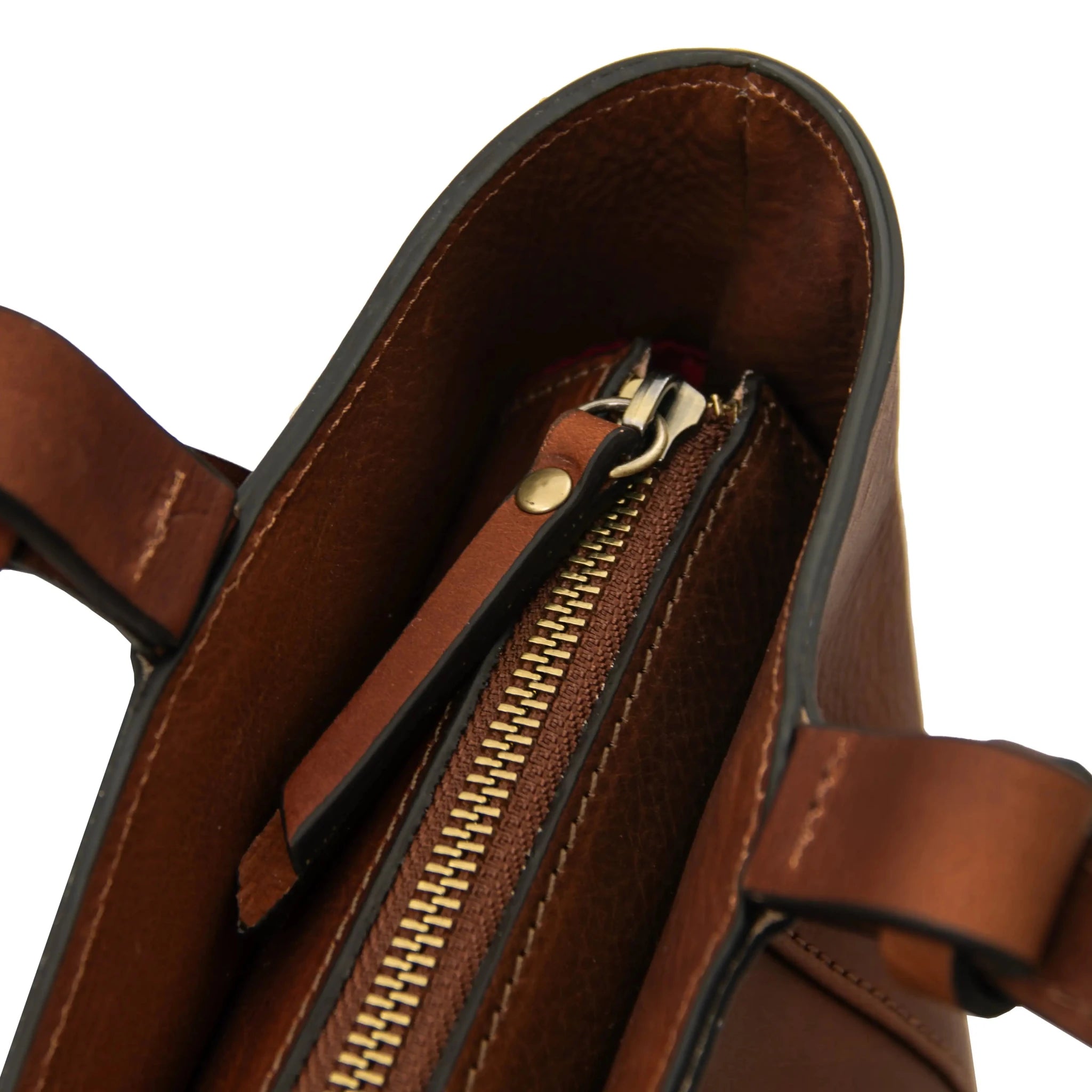 Top zip closure view Brown Libra Italian Leather Shoulder Bag on white background